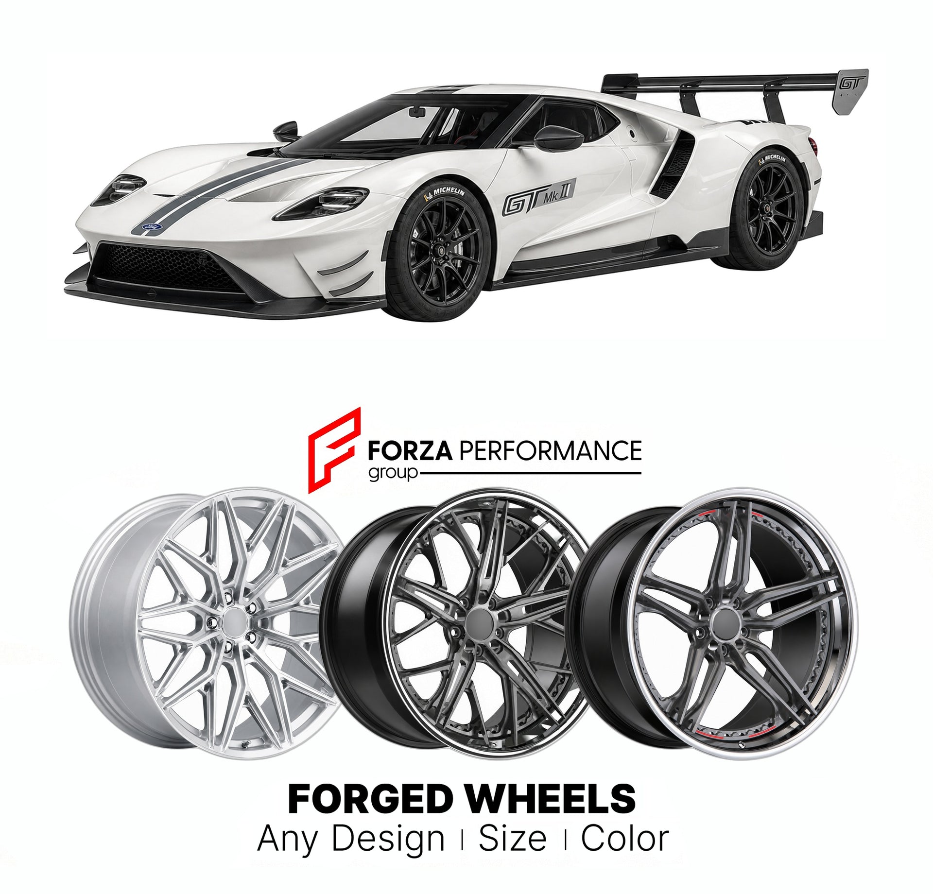 FORGED WHEELS RIMS for FORD GT MK II 2017 - 2022

Custom forged wheels for Ford GT Mk II 2017 - 2022. Made-to-order monoblock, 2-piece and 3-piece rims in custom sizes, offsets, colors and finishes with guaranteed fitment.

We manufacture premium quality forged wheels rims for Ford GT Mk II 2017 - 2022 in any design, size, color.

THIS WHEEL DESIGN CAN BE CUSTOM-MADE FOR YOUR CAR IN ANY SIZE AND COLOR OPTIONS
Available in monoblock, 2-piece, 3-piece, duoblock, beadlock
3D wheel renderings are provided accor