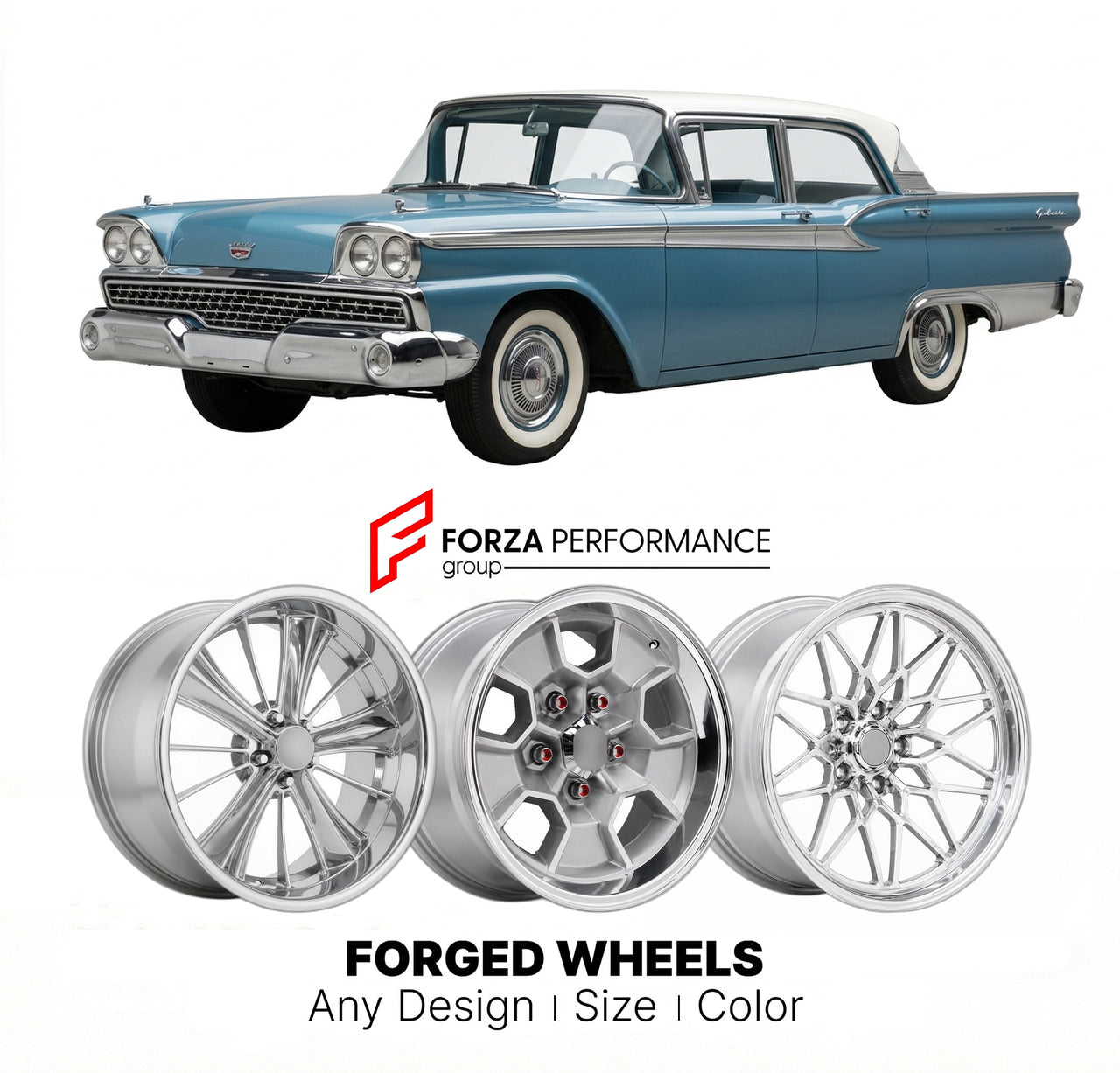 CUSTOM CLASSIC VINTAGE RESTOMOD RETRO OLD SCHOOL FORGED WHEELS RIMS for FORD GALAXIE 1959 - 1960
Custom forged wheels for classic American muscle cars. Ideal for restomod builds, vintage restorations, and show cars. Deep dish and retro styling available.

We manufacture premium quality forged wheels rims for Ford Galaxie 1959 - 1960 in any design, size, color.

THIS WHEEL DESIGN CAN BE CUSTOM-MADE FOR YOUR CAR IN ANY SIZE AND COLOR OPTIONS
Available in monoblock, 2-piece, 3-piece, duoblock, beadlock
3D whee