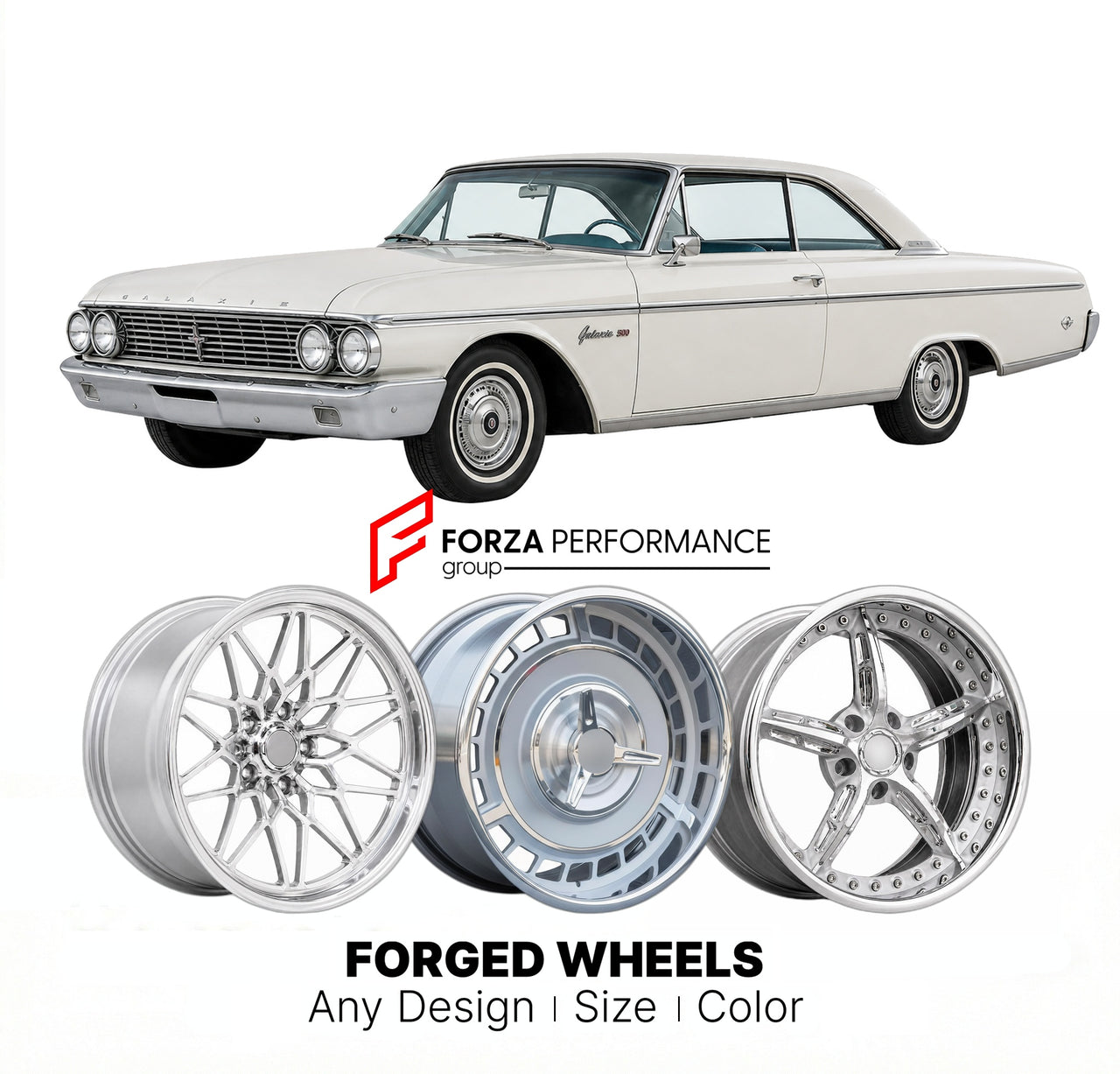 CUSTOM CLASSIC VINTAGE RESTOMOD RETRO OLD SCHOOL FORGED WHEELS RIMS for FORD GALAXIE 1961 - 1964
Custom forged wheels for classic American muscle cars. Ideal for restomod builds, vintage restorations, and show cars. Deep dish and retro styling available.

We manufacture premium quality forged wheels rims for Ford Galaxie 1961 - 1964 in any design, size, color.

THIS WHEEL DESIGN CAN BE CUSTOM-MADE FOR YOUR CAR IN ANY SIZE AND COLOR OPTIONS
Available in monoblock, 2-piece, 3-piece, duoblock, beadlock
3D whee