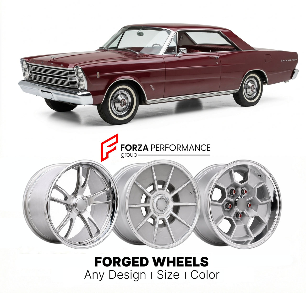 CUSTOM CLASSIC VINTAGE RESTOMOD RETRO OLD SCHOOL FORGED WHEELS RIMS for FORD GALAXIE 1965 - 1968
Custom forged wheels for classic American muscle cars. Ideal for restomod builds, vintage restorations, and show cars. Deep dish and retro styling available.

We manufacture premium quality forged wheels rims for Ford Galaxie 1965 - 1968 in any design, size, color.

THIS WHEEL DESIGN CAN BE CUSTOM-MADE FOR YOUR CAR IN ANY SIZE AND COLOR OPTIONS
Available in monoblock, 2-piece, 3-piece, duoblock, beadlock
3D whee