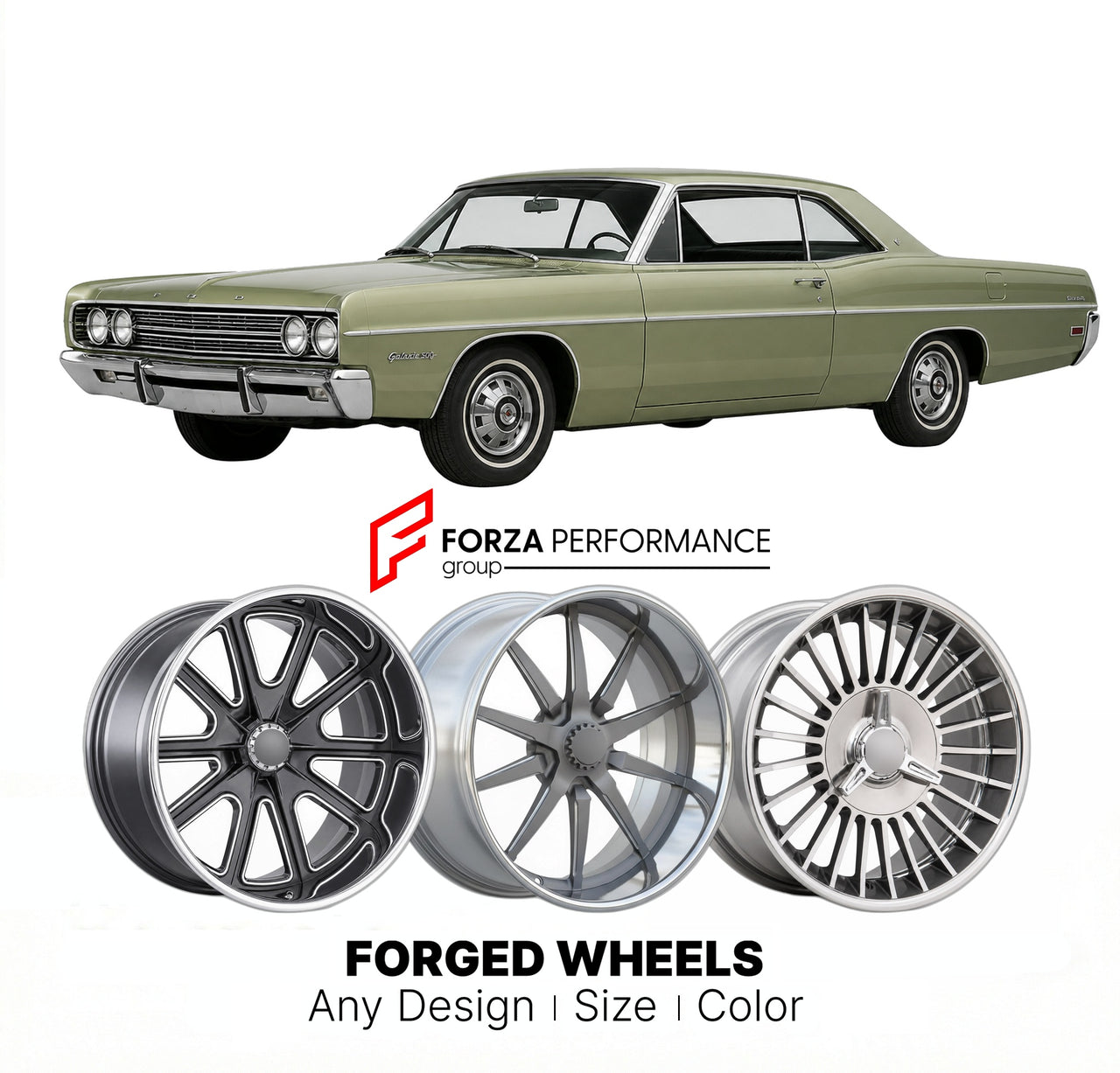CUSTOM CLASSIC VINTAGE RESTOMOD RETRO OLD SCHOOL FORGED WHEELS RIMS for FORD GALAXIE 1969 - 1974
Custom forged wheels for classic American muscle cars. Ideal for restomod builds, vintage restorations, and show cars. Deep dish and retro styling available.

We manufacture premium quality forged wheels rims for Ford Galaxie 1969 - 1974 in any design, size, color.

THIS WHEEL DESIGN CAN BE CUSTOM-MADE FOR YOUR CAR IN ANY SIZE AND COLOR OPTIONS
Available in monoblock, 2-piece, 3-piece, duoblock, beadlock
3D whee