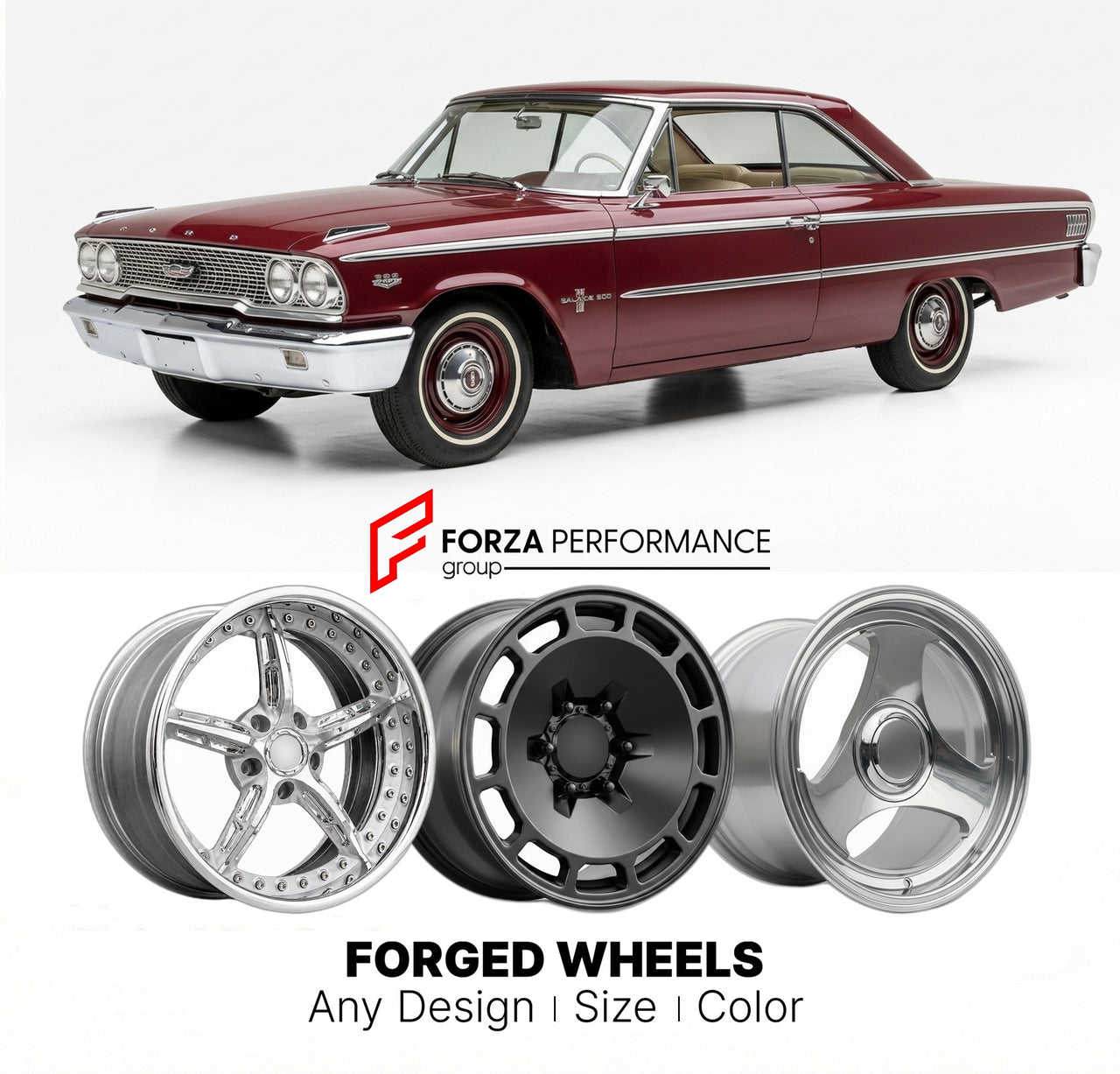 CUSTOM CLASSIC VINTAGE RESTOMOD RETRO OLD SCHOOL FORGED WHEELS RIMS for FORD GALAXIE 500 1963 - 1964
Custom forged wheels for classic American muscle cars. Ideal for restomod builds, vintage restorations, and show cars. Deep dish and retro styling available.

We manufacture premium quality forged wheels rims for Ford Galaxie 500 1963 - 1964 in any design, size, color.

THIS WHEEL DESIGN CAN BE CUSTOM-MADE FOR YOUR CAR IN ANY SIZE AND COLOR OPTIONS
Available in monoblock, 2-piece, 3-piece, duoblock, beadlock