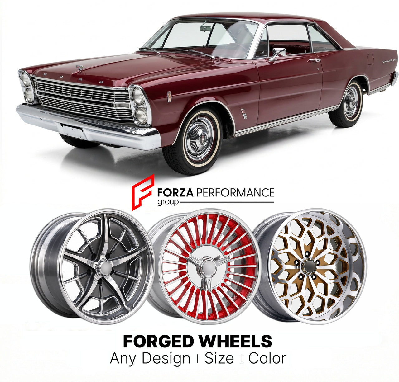 CUSTOM CLASSIC VINTAGE RESTOMOD RETRO OLD SCHOOL FORGED WHEELS RIMS for FORD GALAXIE 500 1965 - 1968
Custom forged wheels for classic American muscle cars. Ideal for restomod builds, vintage restorations, and show cars. Deep dish and retro styling available.

We manufacture premium quality forged wheels rims for Ford Galaxie 500 1965 - 1968 in any design, size, color.

THIS WHEEL DESIGN CAN BE CUSTOM-MADE FOR YOUR CAR IN ANY SIZE AND COLOR OPTIONS
Available in monoblock, 2-piece, 3-piece, duoblock, beadlock