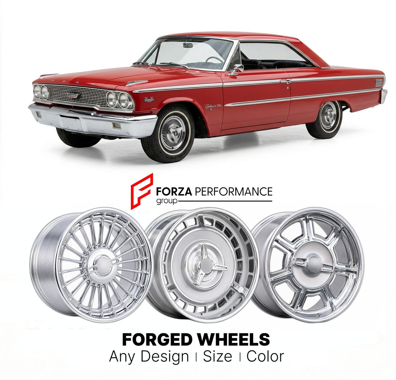 CUSTOM CLASSIC VINTAGE RESTOMOD RETRO OLD SCHOOL FORGED WHEELS RIMS for FORD GALAXIE 500 XL 1963 - 1964
Custom forged wheels for classic American muscle cars. Ideal for restomod builds, vintage restorations, and show cars. Deep dish and retro styling available.

We manufacture premium quality forged wheels rims for Ford Galaxie 500 XL 1963 - 1964 in any design, size, color.

THIS WHEEL DESIGN CAN BE CUSTOM-MADE FOR YOUR CAR IN ANY SIZE AND COLOR OPTIONS
Available in monoblock, 2-piece, 3-piece, duoblock, be