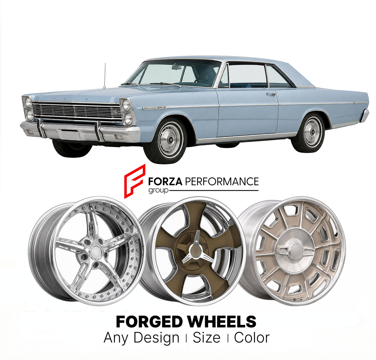 CUSTOM CLASSIC VINTAGE RESTOMOD RETRO OLD SCHOOL FORGED WHEELS RIMS for FORD GALAXIE 500 XL 1965 - 1968
Custom forged wheels for classic American muscle cars. Ideal for restomod builds, vintage restorations, and show cars. Deep dish and retro styling available.

We manufacture premium quality forged wheels rims for Ford Galaxie 500 XL 1965 - 1968 in any design, size, color.

THIS WHEEL DESIGN CAN BE CUSTOM-MADE FOR YOUR CAR IN ANY SIZE AND COLOR OPTIONS
Available in monoblock, 2-piece, 3-piece, duoblock, be