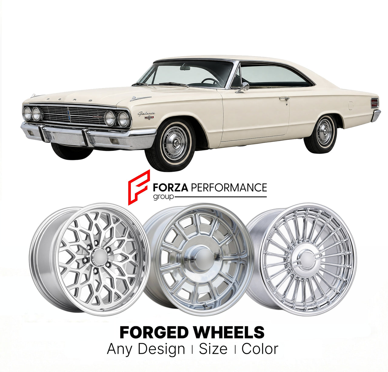 CUSTOM CLASSIC VINTAGE RESTOMOD RETRO OLD SCHOOL FORGED WHEELS RIMS for FORD GALAXIE R-CODE 1963 - 1963
Custom forged wheels for classic American muscle cars. Ideal for restomod builds, vintage restorations, and show cars. Deep dish and retro styling available.

We manufacture premium quality forged wheels rims for Ford Galaxie R-Code 1963 - 1963 in any design, size, color.

THIS WHEEL DESIGN CAN BE CUSTOM-MADE FOR YOUR CAR IN ANY SIZE AND COLOR OPTIONS
Available in monoblock, 2-piece, 3-piece, duoblock, be