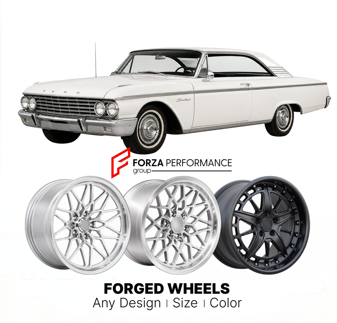 CUSTOM CLASSIC VINTAGE RESTOMOD RETRO OLD SCHOOL FORGED WHEELS RIMS for FORD GALAXIE STARLINER 1961 - 1961
Custom forged wheels for classic American muscle cars. Ideal for restomod builds, vintage restorations, and show cars. Deep dish and retro styling available.

We manufacture premium quality forged wheels rims for Ford Galaxie Starliner 1961 - 1961 in any design, size, color.

THIS WHEEL DESIGN CAN BE CUSTOM-MADE FOR YOUR CAR IN ANY SIZE AND COLOR OPTIONS
Available in monoblock, 2-piece, 3-piece, duoblo