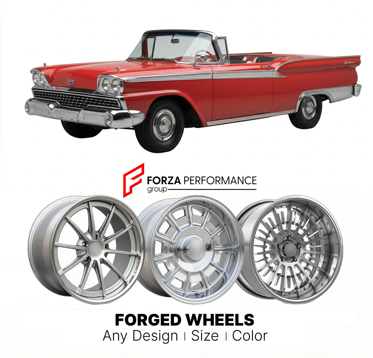 CUSTOM CLASSIC VINTAGE RESTOMOD RETRO OLD SCHOOL FORGED WHEELS RIMS for FORD GALAXIE SUNLINER 1959 - 1960
Custom forged wheels for classic American muscle cars. Ideal for restomod builds, vintage restorations, and show cars. Deep dish and retro styling available.

We manufacture premium quality forged wheels rims for Ford Galaxie Sunliner 1959 - 1960 in any design, size, color.

THIS WHEEL DESIGN CAN BE CUSTOM-MADE FOR YOUR CAR IN ANY SIZE AND COLOR OPTIONS
Available in monoblock, 2-piece, 3-piece, duoblock