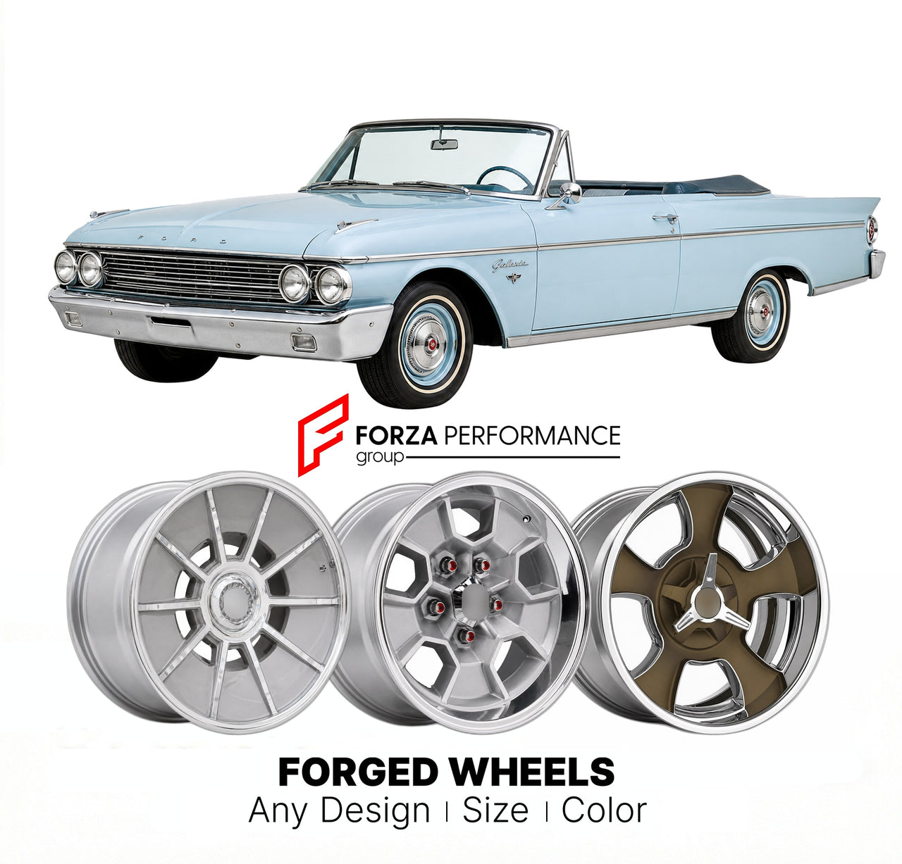 CUSTOM CLASSIC VINTAGE RESTOMOD RETRO OLD SCHOOL FORGED WHEELS RIMS for FORD GALAXIE SUNLINER 1961 - 1964
Custom forged wheels for classic American muscle cars. Ideal for restomod builds, vintage restorations, and show cars. Deep dish and retro styling available.

We manufacture premium quality forged wheels rims for Ford Galaxie Sunliner 1961 - 1964 in any design, size, color.

THIS WHEEL DESIGN CAN BE CUSTOM-MADE FOR YOUR CAR IN ANY SIZE AND COLOR OPTIONS
Available in monoblock, 2-piece, 3-piece, duoblock