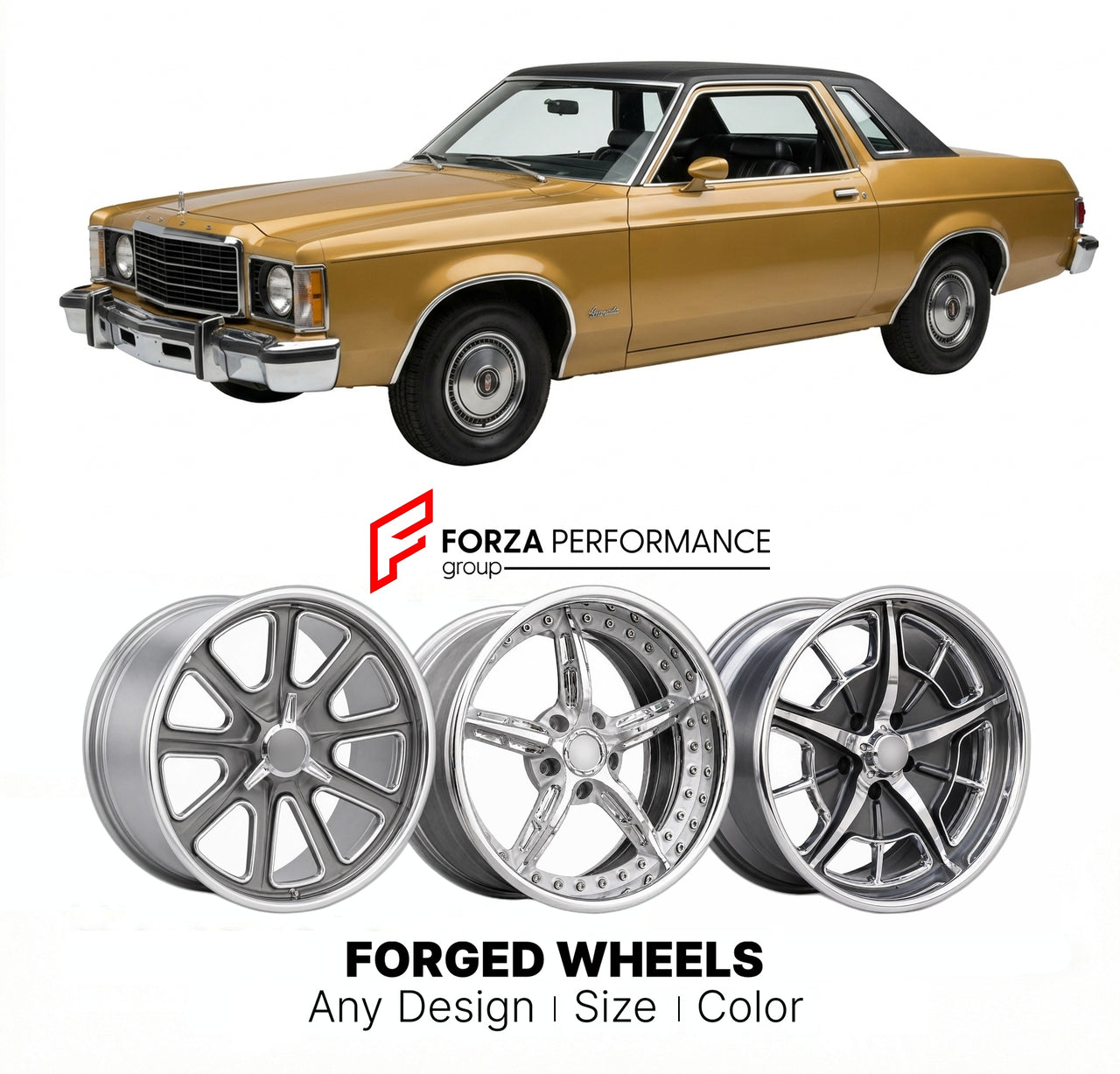 CUSTOM CLASSIC VINTAGE RESTOMOD RETRO OLD SCHOOL FORGED WHEELS RIMS for FORD GRANADA 1975 - 1982
Custom forged wheels for classic American muscle cars. Ideal for restomod builds, vintage restorations, and show cars. Deep dish and retro styling available.

We manufacture premium quality forged wheels rims for Ford Granada 1975 - 1982 in any design, size, color.

THIS WHEEL DESIGN CAN BE CUSTOM-MADE FOR YOUR CAR IN ANY SIZE AND COLOR OPTIONS
Available in monoblock, 2-piece, 3-piece, duoblock, beadlock
3D whee