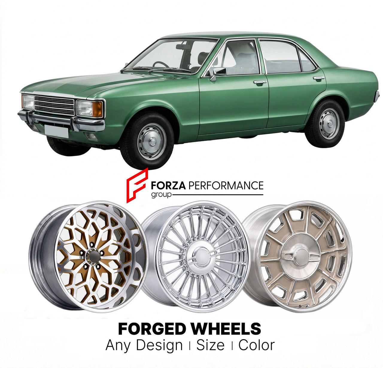 CUSTOM CLASSIC VINTAGE RESTOMOD RETRO OLD SCHOOL FORGED WHEELS RIMS for FORD GRANADA GHIA 1975 - 1980
Custom forged wheels for classic American muscle cars. Ideal for restomod builds, vintage restorations, and show cars. Deep dish and retro styling available.

We manufacture premium quality forged wheels rims for Ford Granada Ghia 1975 - 1980 in any design, size, color.

THIS WHEEL DESIGN CAN BE CUSTOM-MADE FOR YOUR CAR IN ANY SIZE AND COLOR OPTIONS
Available in monoblock, 2-piece, 3-piece, duoblock, beadlo