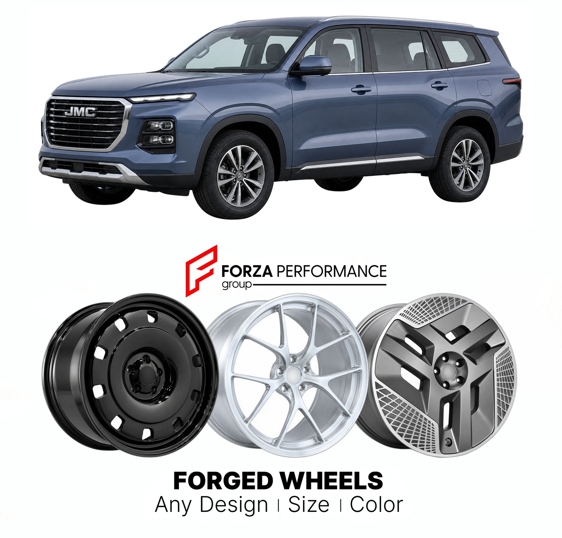 Custom forged wheels for Ford JMC Equator 2021+. Made-to-order monoblock, 2-piece and 3-piece wheels in custom sizes, offsets, colors and finishes with guaranteed vehicle fitment.

We manufacture premium quality forged wheels rims for Ford JMC Equator 2021+ in any design, size, color.

THIS WHEEL DESIGN CAN BE CUSTOM-MADE FOR YOUR CAR IN ANY SIZE AND COLOR OPTIONS
Available in monoblock, 2-piece, 3-piece, duoblock, beadlock
3D wheel renderings are provided according to the exact dimensions and specification