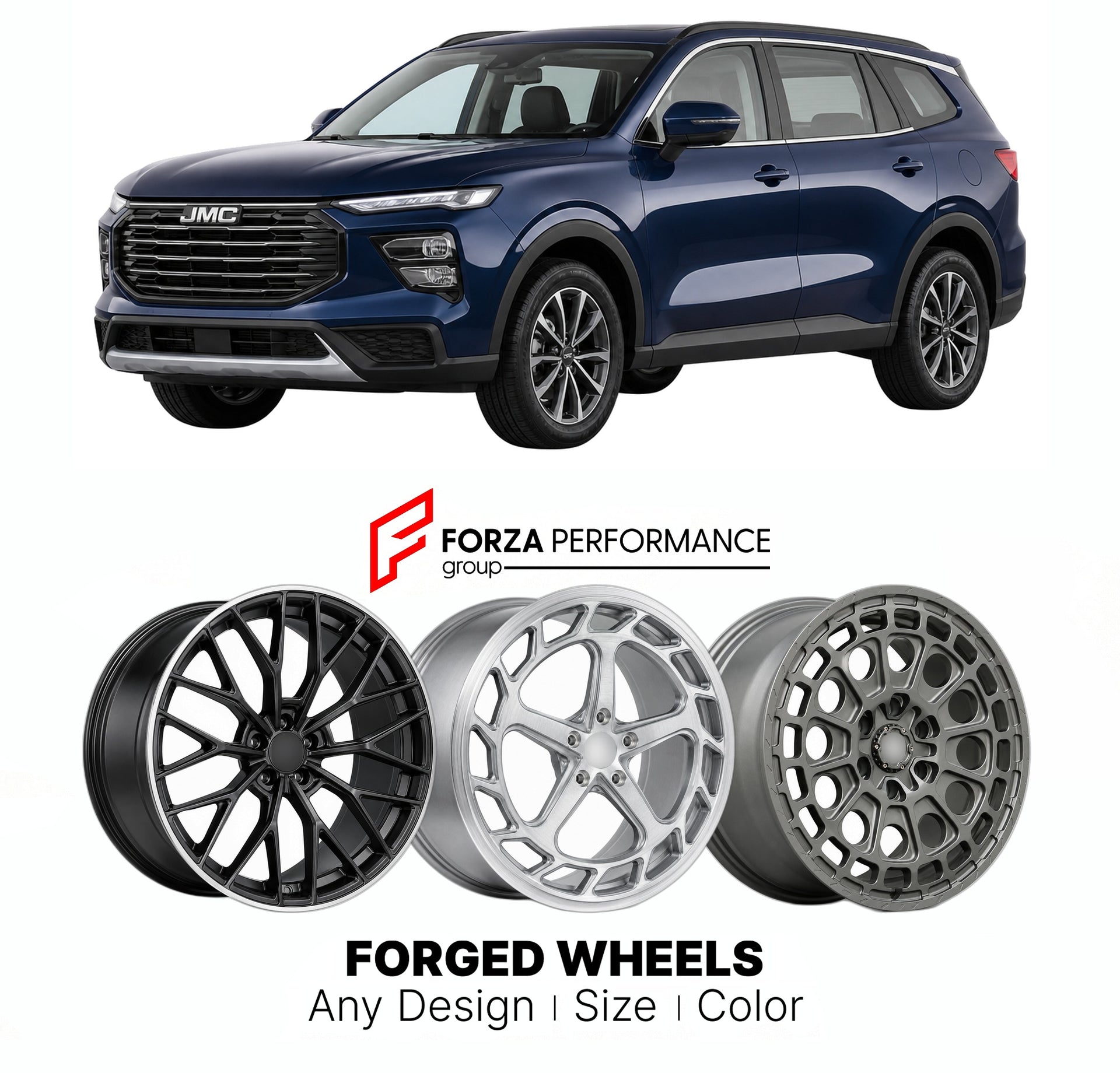 Custom forged wheels for Ford JMC Territory Equator Sport 2020+. Made-to-order monoblock, 2-piece and 3-piece wheels in custom sizes, offsets, colors and finishes with guaranteed vehicle fitment.

We manufacture premium quality forged wheels rims for Ford JMC Territory Equator Sport 2020+ in any design, size, color.

THIS WHEEL DESIGN CAN BE CUSTOM-MADE FOR YOUR CAR IN ANY SIZE AND COLOR OPTIONS
Available in monoblock, 2-piece, 3-piece, duoblock, beadlock
3D wheel renderings are provided according to the ex