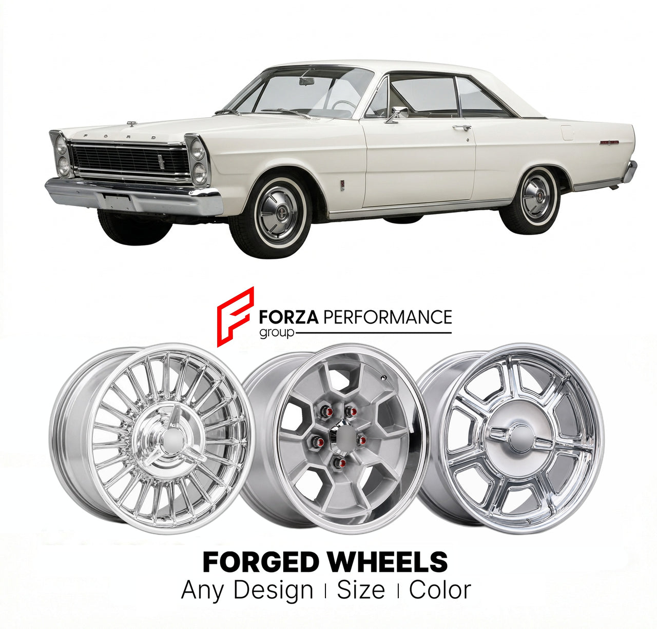 CUSTOM CLASSIC VINTAGE RESTOMOD RETRO OLD SCHOOL FORGED WHEELS RIMS for FORD LTD 1965 - 1968
Custom forged wheels for classic American muscle cars. Ideal for restomod builds, vintage restorations, and show cars. Deep dish and retro styling available.

We manufacture premium quality forged wheels rims for Ford LTD 1965 - 1968 in any design, size, color.

THIS WHEEL DESIGN CAN BE CUSTOM-MADE FOR YOUR CAR IN ANY SIZE AND COLOR OPTIONS
Available in monoblock, 2-piece, 3-piece, duoblock, beadlock
3D wheel render