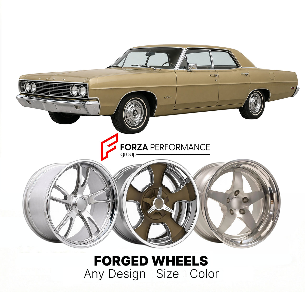 CUSTOM CLASSIC VINTAGE RESTOMOD RETRO OLD SCHOOL FORGED WHEELS RIMS for FORD LTD 1969 - 1978
Custom forged wheels for classic American muscle cars. Ideal for restomod builds, vintage restorations, and show cars. Deep dish and retro styling available.

We manufacture premium quality forged wheels rims for Ford LTD 1969 - 1978 in any design, size, color.

THIS WHEEL DESIGN CAN BE CUSTOM-MADE FOR YOUR CAR IN ANY SIZE AND COLOR OPTIONS
Available in monoblock, 2-piece, 3-piece, duoblock, beadlock
3D wheel render