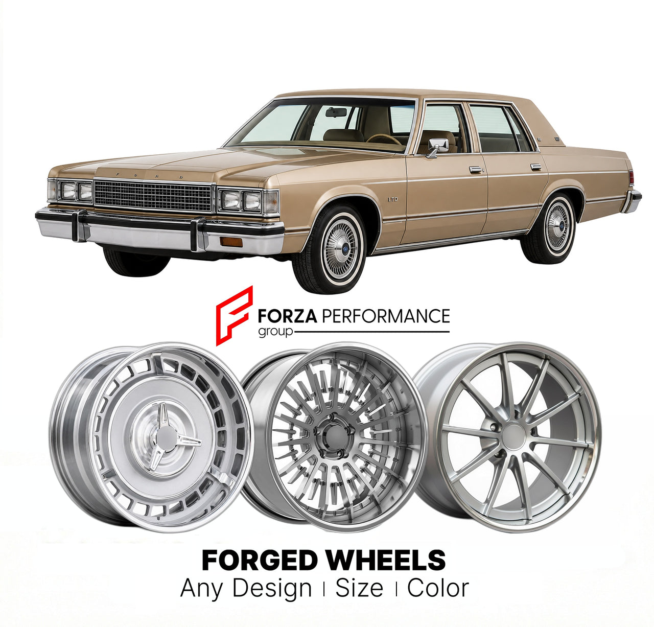 CUSTOM CLASSIC VINTAGE RESTOMOD RETRO OLD SCHOOL FORGED WHEELS RIMS for FORD LTD 1979 - 1982
Custom forged wheels for classic American muscle cars. Ideal for restomod builds, vintage restorations, and show cars. Deep dish and retro styling available.

We manufacture premium quality forged wheels rims for Ford LTD 1979 - 1982 in any design, size, color.

THIS WHEEL DESIGN CAN BE CUSTOM-MADE FOR YOUR CAR IN ANY SIZE AND COLOR OPTIONS
Available in monoblock, 2-piece, 3-piece, duoblock, beadlock
3D wheel render