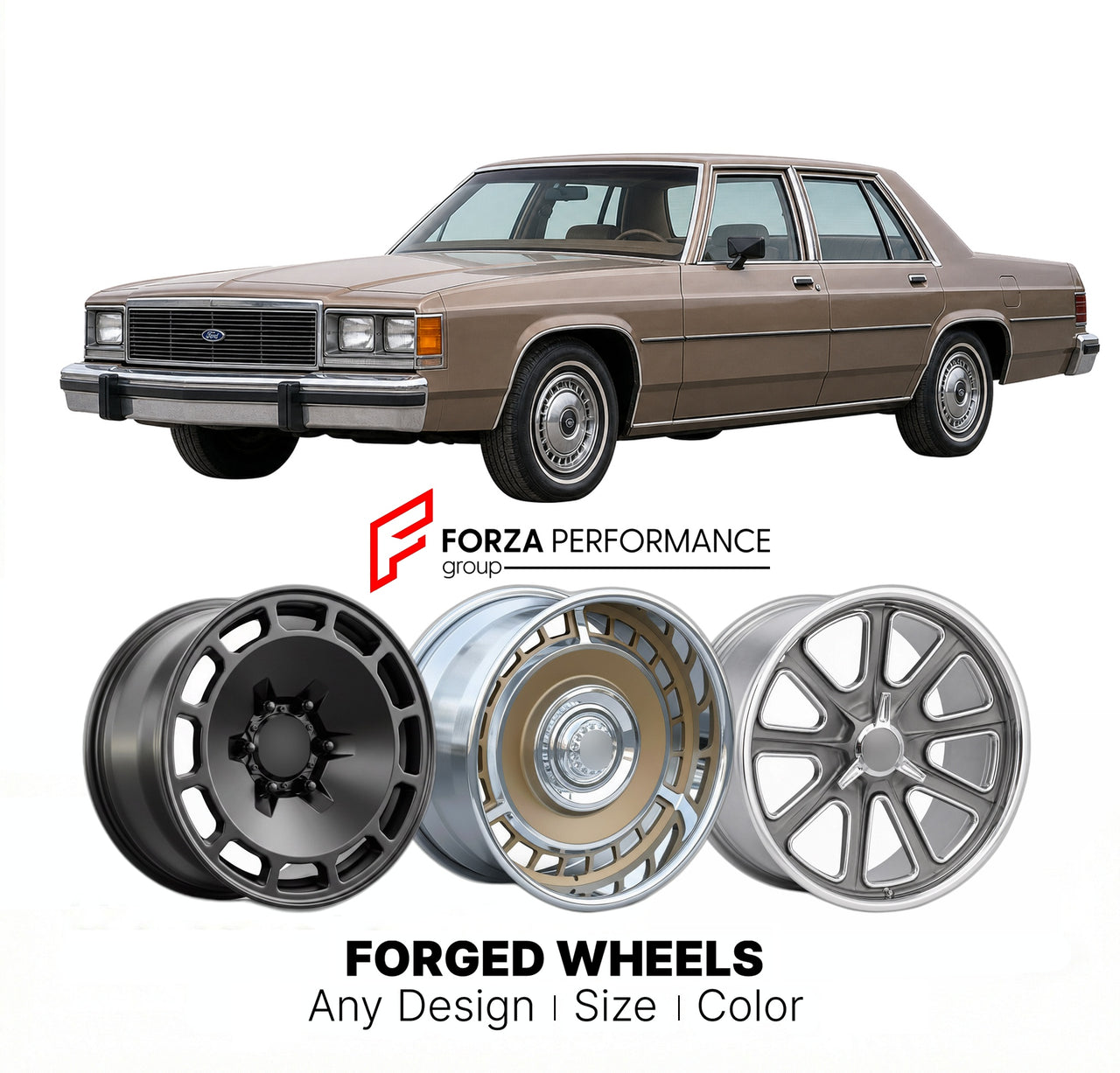 CUSTOM CLASSIC VINTAGE RESTOMOD RETRO OLD SCHOOL FORGED WHEELS RIMS for FORD LTD 1983 - 1986
Custom forged wheels for classic American muscle cars. Ideal for restomod builds, vintage restorations, and show cars. Deep dish and retro styling available.

We manufacture premium quality forged wheels rims for Ford LTD 1983 - 1986 in any design, size, color.

THIS WHEEL DESIGN CAN BE CUSTOM-MADE FOR YOUR CAR IN ANY SIZE AND COLOR OPTIONS
Available in monoblock, 2-piece, 3-piece, duoblock, beadlock
3D wheel render