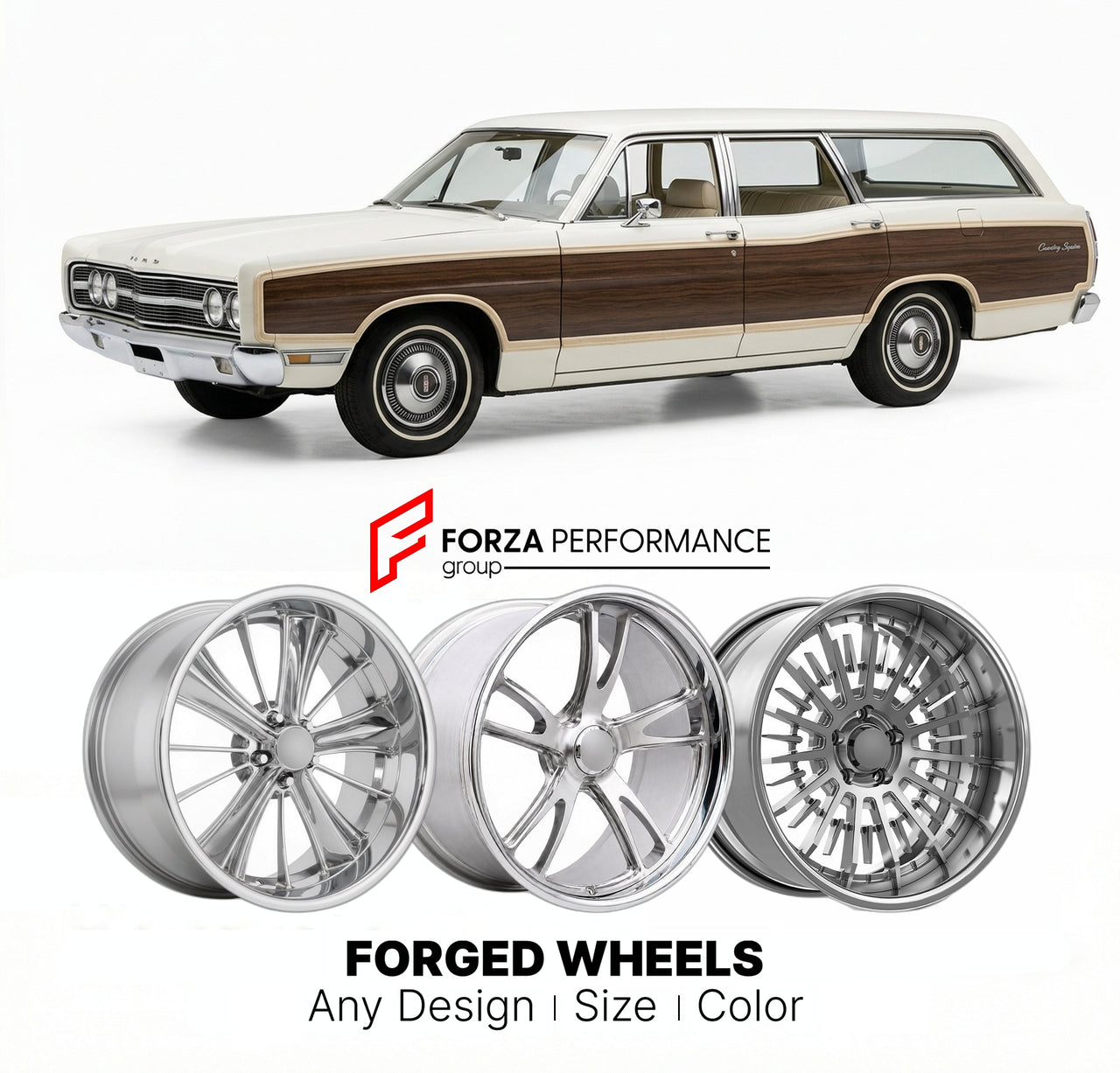 CUSTOM CLASSIC VINTAGE RESTOMOD RETRO OLD SCHOOL FORGED WHEELS RIMS for FORD LTD COUNTRY SQUIRE 1969 - 1978
Custom forged wheels for classic American muscle cars. Ideal for restomod builds, vintage restorations, and show cars. Deep dish and retro styling available.

We manufacture premium quality forged wheels rims for Ford LTD Country Squire 1969 - 1978 in any design, size, color.

THIS WHEEL DESIGN CAN BE CUSTOM-MADE FOR YOUR CAR IN ANY SIZE AND COLOR OPTIONS
Available in monoblock, 2-piece, 3-piece, duob
