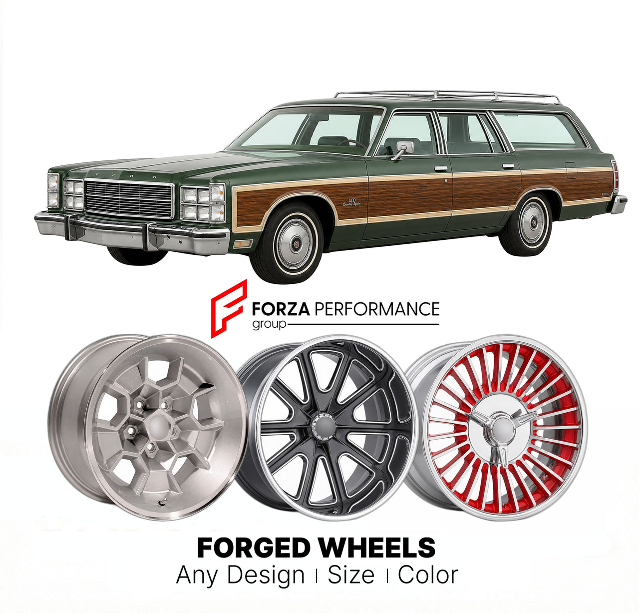 CUSTOM CLASSIC VINTAGE RESTOMOD RETRO OLD SCHOOL FORGED WHEELS RIMS for FORD LTD COUNTRY SQUIRE 1979 - 1982
Custom forged wheels for classic American muscle cars. Ideal for restomod builds, vintage restorations, and show cars. Deep dish and retro styling available.

We manufacture premium quality forged wheels rims for Ford LTD Country Squire 1979 - 1982 in any design, size, color.

THIS WHEEL DESIGN CAN BE CUSTOM-MADE FOR YOUR CAR IN ANY SIZE AND COLOR OPTIONS
Available in monoblock, 2-piece, 3-piece, duob