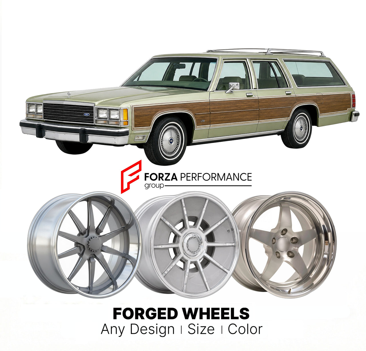 CUSTOM CLASSIC VINTAGE RESTOMOD RETRO OLD SCHOOL FORGED WHEELS RIMS for FORD LTD COUNTRY SQUIRE 1983 - 1986
Custom forged wheels for classic American muscle cars. Ideal for restomod builds, vintage restorations, and show cars. Deep dish and retro styling available.

We manufacture premium quality forged wheels rims for Ford LTD Country Squire 1983 - 1986 in any design, size, color.

THIS WHEEL DESIGN CAN BE CUSTOM-MADE FOR YOUR CAR IN ANY SIZE AND COLOR OPTIONS
Available in monoblock, 2-piece, 3-piece, duob