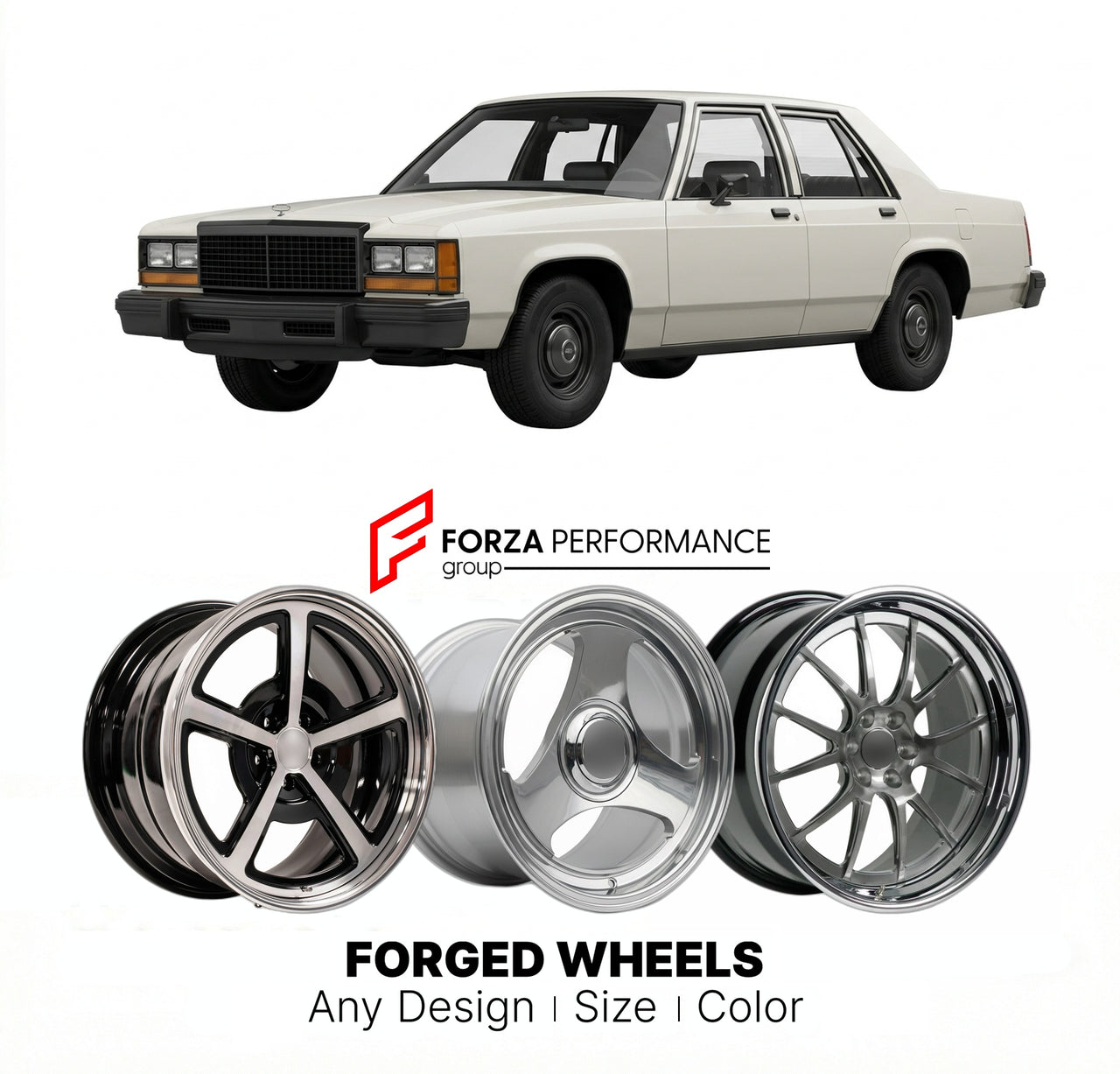 CUSTOM CLASSIC VINTAGE RESTOMOD RETRO OLD SCHOOL FORGED WHEELS RIMS for FORD LTD CROWN VICTORIA 1979 - 1982
Custom forged wheels for classic American muscle cars. Ideal for restomod builds, vintage restorations, and show cars. Deep dish and retro styling available.

We manufacture premium quality forged wheels rims for Ford LTD Crown Victoria 1979 - 1982 in any design, size, color.

THIS WHEEL DESIGN CAN BE CUSTOM-MADE FOR YOUR CAR IN ANY SIZE AND COLOR OPTIONS
Available in monoblock, 2-piece, 3-piece, duob