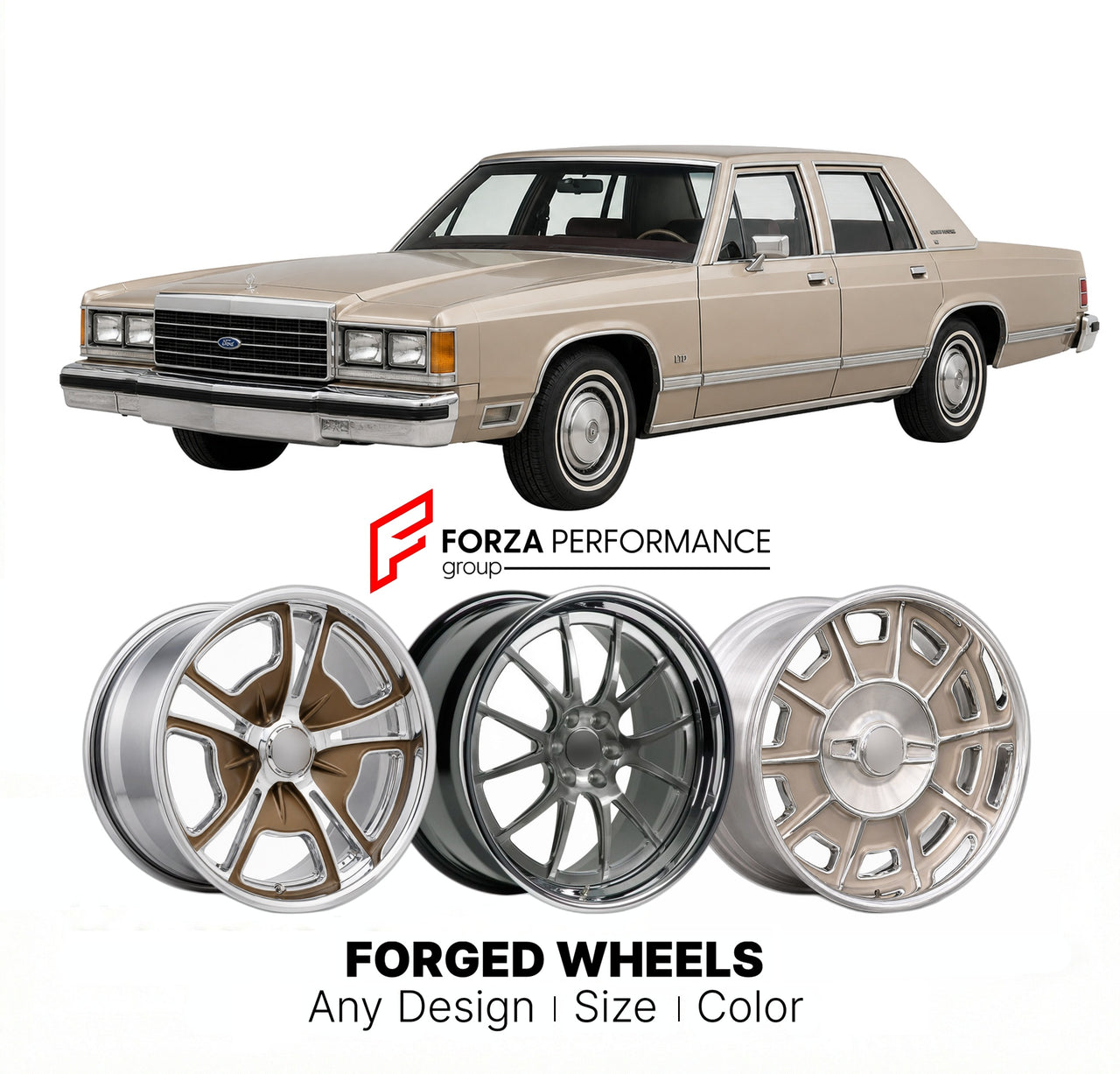CUSTOM CLASSIC VINTAGE RESTOMOD RETRO OLD SCHOOL FORGED WHEELS RIMS for FORD LTD CROWN VICTORIA 1983 - 1986
Custom forged wheels for classic American muscle cars. Ideal for restomod builds, vintage restorations, and show cars. Deep dish and retro styling available.

We manufacture premium quality forged wheels rims for Ford LTD Crown Victoria 1983 - 1986 in any design, size, color.

THIS WHEEL DESIGN CAN BE CUSTOM-MADE FOR YOUR CAR IN ANY SIZE AND COLOR OPTIONS
Available in monoblock, 2-piece, 3-piece, duob