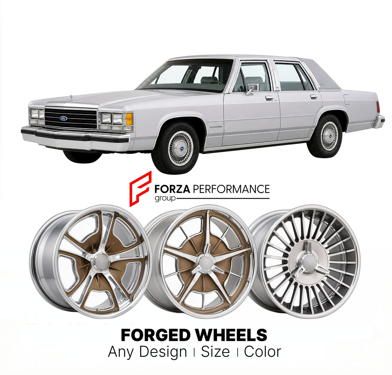CUSTOM CLASSIC VINTAGE RESTOMOD RETRO OLD SCHOOL FORGED WHEELS RIMS for FORD LTD CROWN VICTORIA 1987 - 1989
Custom forged wheels for classic American muscle cars. Ideal for restomod builds, vintage restorations, and show cars. Deep dish and retro styling available.

We manufacture premium quality forged wheels rims for Ford LTD Crown Victoria 1987 - 1989 in any design, size, color.

THIS WHEEL DESIGN CAN BE CUSTOM-MADE FOR YOUR CAR IN ANY SIZE AND COLOR OPTIONS
Available in monoblock, 2-piece, 3-piece, duob
