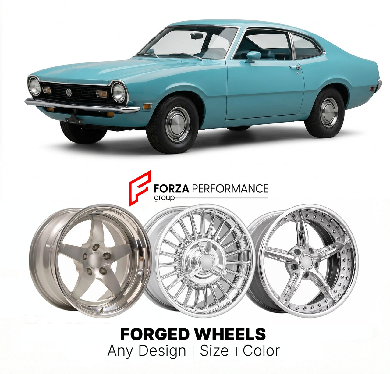 CUSTOM CLASSIC VINTAGE RESTOMOD RETRO OLD SCHOOL FORGED WHEELS RIMS for FORD MAVERICK 1970 - 1977
Custom forged wheels for classic American muscle cars. Ideal for restomod builds, vintage restorations, and show cars. Deep dish and retro styling available.

We manufacture premium quality forged wheels rims for Ford Maverick 1970 - 1977 in any design, size, color.

THIS WHEEL DESIGN CAN BE CUSTOM-MADE FOR YOUR CAR IN ANY SIZE AND COLOR OPTIONS
Available in monoblock, 2-piece, 3-piece, duoblock, beadlock
3D wh