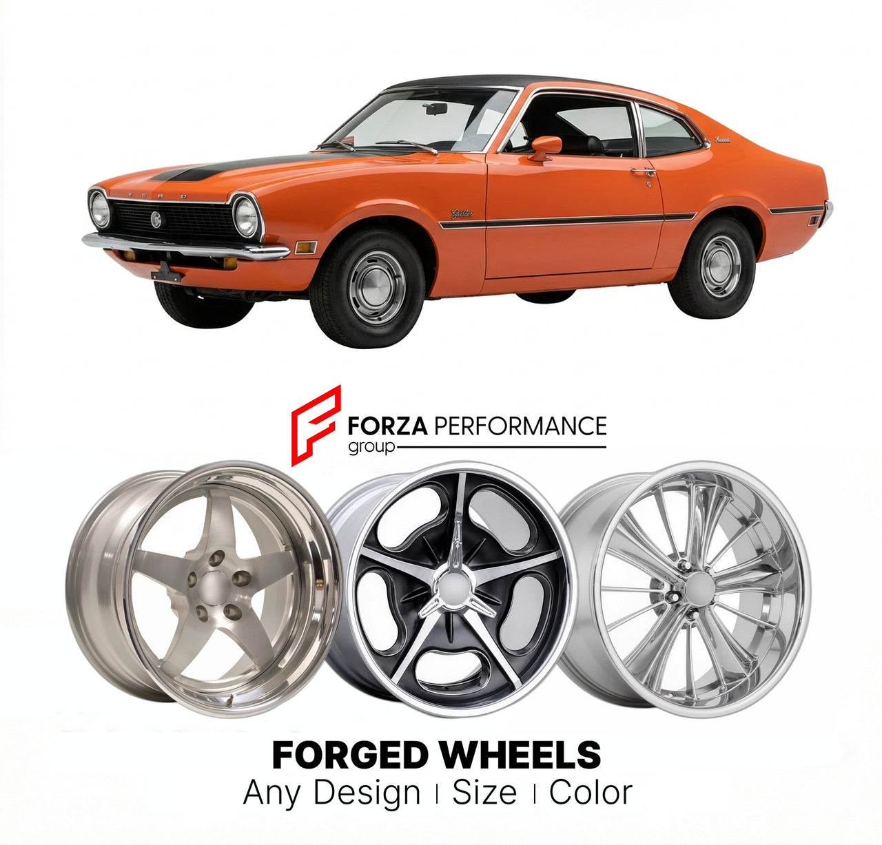 CUSTOM CLASSIC VINTAGE RESTOMOD RETRO OLD SCHOOL FORGED WHEELS RIMS for FORD MAVERICK GRABBER 1970 - 1976
Custom forged wheels for classic American muscle cars. Ideal for restomod builds, vintage restorations, and show cars. Deep dish and retro styling available.

We manufacture premium quality forged wheels rims for Ford Maverick Grabber 1970 - 1976 in any design, size, color.

THIS WHEEL DESIGN CAN BE CUSTOM-MADE FOR YOUR CAR IN ANY SIZE AND COLOR OPTIONS
Available in monoblock, 2-piece, 3-piece, duoblock