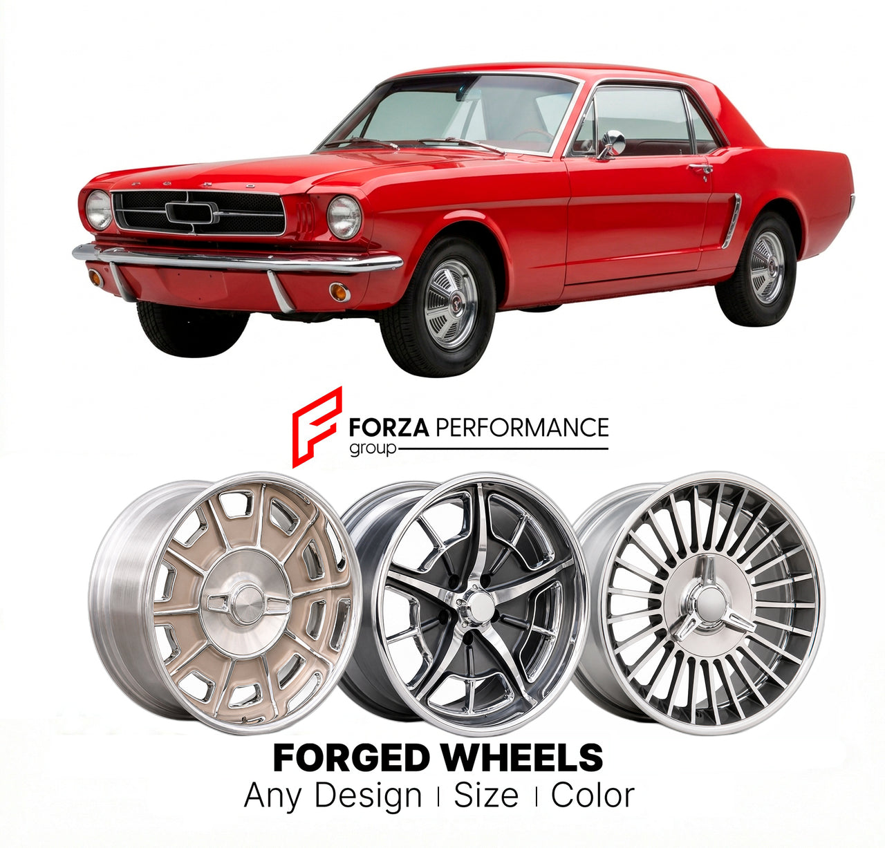 CUSTOM CLASSIC VINTAGE RESTOMOD RETRO OLD SCHOOL FORGED WHEELS RIMS for FORD MUSTANG 1964 - 1973
Custom forged wheels for classic American muscle cars. Ideal for restomod builds, vintage restorations, and show cars. Deep dish and retro styling available.

We manufacture premium quality forged wheels rims for Ford Mustang 1964 - 1973 in any design, size, color.

THIS WHEEL DESIGN CAN BE CUSTOM-MADE FOR YOUR CAR IN ANY SIZE AND COLOR OPTIONS
Available in monoblock, 2-piece, 3-piece, duoblock, beadlock
3D whee