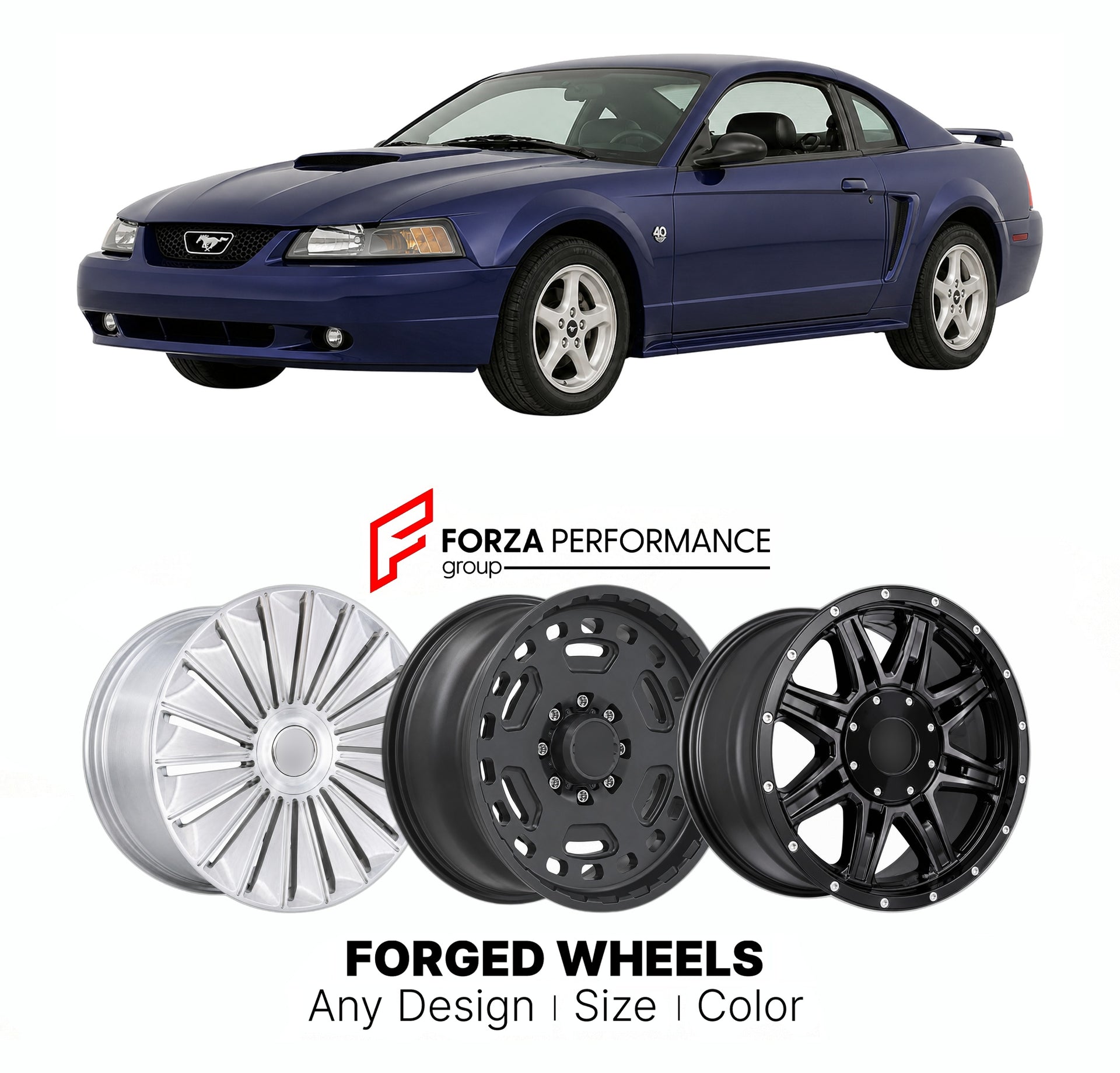 FORGED WHEELS RIMS for FORD MUSTANG 40TH ANNIVERSARY EDITION NEW EDGE 1999 - 2004

Custom forged wheels for Ford Mustang 40th Anniversary Edition New Edge 1999 - 2004. Made-to-order monoblock, 2-piece and 3-piece rims in custom sizes, offsets, colors and finishes with guaranteed fitment.

We manufacture premium quality forged wheels rims for Ford Mustang 40th Anniversary Edition New Edge 1999 - 2004 in any design, size, color.

THIS WHEEL DESIGN CAN BE CUSTOM-MADE FOR YOUR CAR IN ANY SIZE AND COLOR OPTIONS
