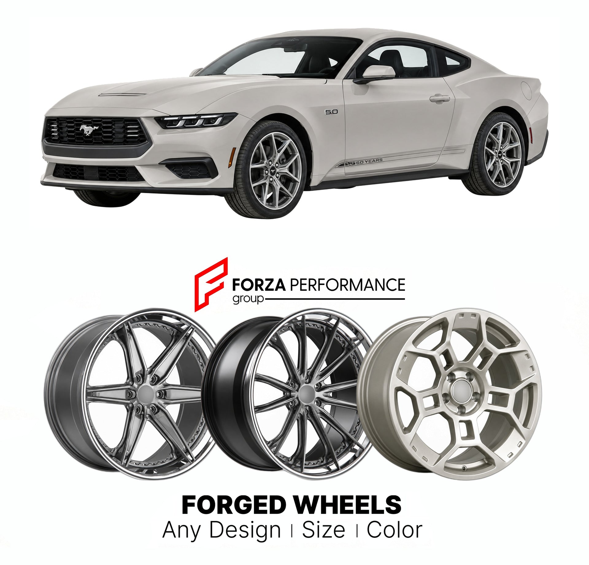 FORGED WHEELS RIMS for FORD MUSTANG 60TH ANNIVERSARY PACKAGE S650 2024+

Custom forged wheels for Ford Mustang 60th Anniversary Package S650 2024+. Made-to-order monoblock, 2-piece and 3-piece rims in custom sizes, offsets, colors and finishes with guaranteed fitment.

We manufacture premium quality forged wheels rims for Ford Mustang 60th Anniversary Package S650 2024+ in any design, size, color.

THIS WHEEL DESIGN CAN BE CUSTOM-MADE FOR YOUR CAR IN ANY SIZE AND COLOR OPTIONS
Available in monoblock, 2-piec