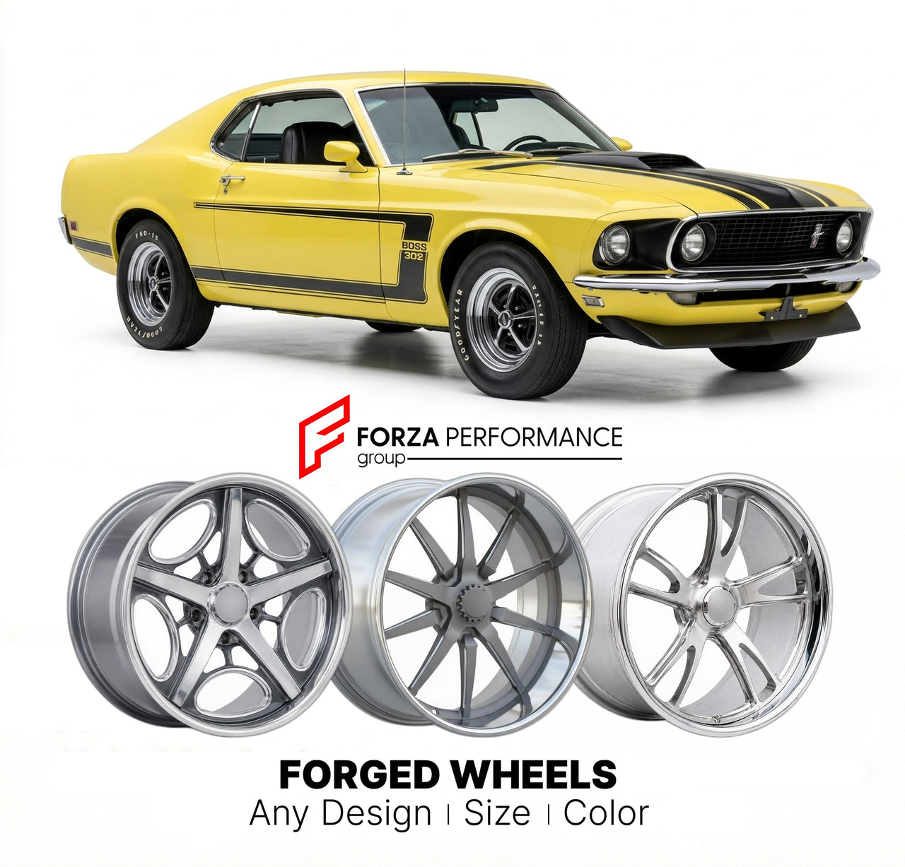 CUSTOM CLASSIC VINTAGE RESTOMOD RETRO OLD SCHOOL FORGED WHEELS RIMS for FORD MUSTANG BOSS 302 1969 - 1970
Custom forged wheels for classic American muscle cars. Ideal for restomod builds, vintage restorations, and show cars. Deep dish and retro styling available.

We manufacture premium quality forged wheels rims for Ford Mustang Boss 302 1969 - 1970 in any design, size, color.

THIS WHEEL DESIGN CAN BE CUSTOM-MADE FOR YOUR CAR IN ANY SIZE AND COLOR OPTIONS
Available in monoblock, 2-piece, 3-piece, duoblock