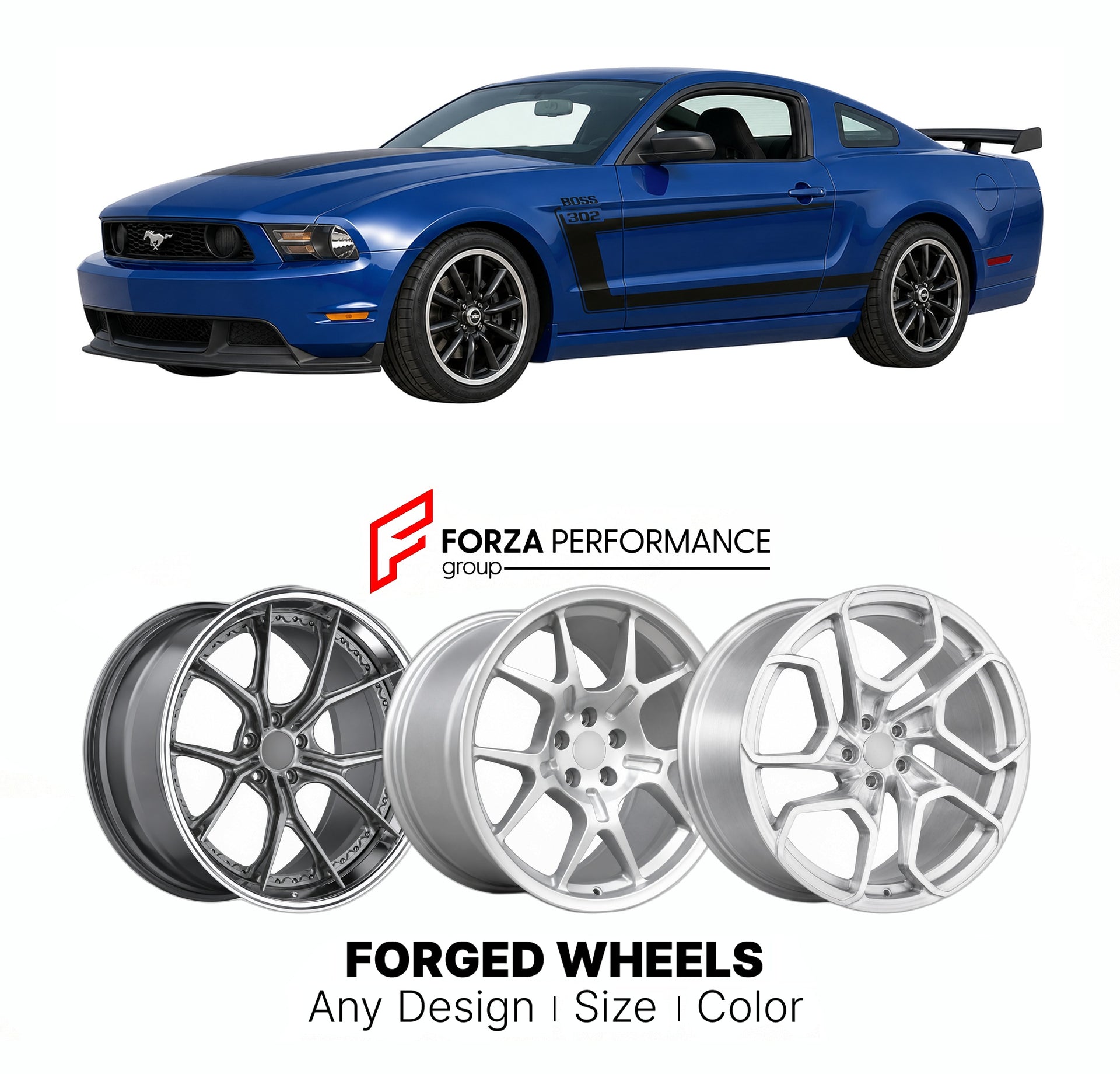 FORGED WHEELS RIMS for FORD MUSTANG BOSS 302 LAGUNA SECA S197 2005 - 2014

Custom forged wheels for Ford Mustang Boss 302 Laguna Seca S197 2005 - 2014. Made-to-order monoblock, 2-piece and 3-piece rims in custom sizes, offsets, colors and finishes with guaranteed fitment.

We manufacture premium quality forged wheels rims for Ford Mustang Boss 302 Laguna Seca S197 2005 - 2014 in any design, size, color.

THIS WHEEL DESIGN CAN BE CUSTOM-MADE FOR YOUR CAR IN ANY SIZE AND COLOR OPTIONS
Available in monoblock, 