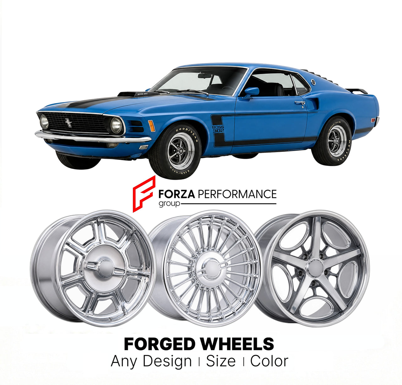 CUSTOM CLASSIC VINTAGE RESTOMOD RETRO OLD SCHOOL FORGED WHEELS RIMS for FORD MUSTANG BOSS 302 TRANS AM 1970 - 1970
Custom forged wheels for classic American muscle cars. Ideal for restomod builds, vintage restorations, and show cars. Deep dish and retro styling available.

We manufacture premium quality forged wheels rims for Ford Mustang Boss 302 Trans Am 1970 - 1970 in any design, size, color.

THIS WHEEL DESIGN CAN BE CUSTOM-MADE FOR YOUR CAR IN ANY SIZE AND COLOR OPTIONS
Available in monoblock, 2-piece,