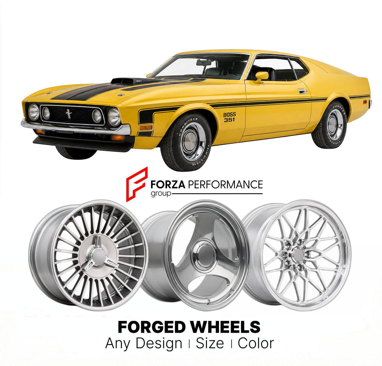 CUSTOM CLASSIC VINTAGE RESTOMOD RETRO OLD SCHOOL FORGED WHEELS RIMS for FORD MUSTANG BOSS 351 1971 - 1971
Custom forged wheels for classic American muscle cars. Ideal for restomod builds, vintage restorations, and show cars. Deep dish and retro styling available.

We manufacture premium quality forged wheels rims for Ford Mustang Boss 351 1971 - 1971 in any design, size, color.

THIS WHEEL DESIGN CAN BE CUSTOM-MADE FOR YOUR CAR IN ANY SIZE AND COLOR OPTIONS
Available in monoblock, 2-piece, 3-piece, duoblock