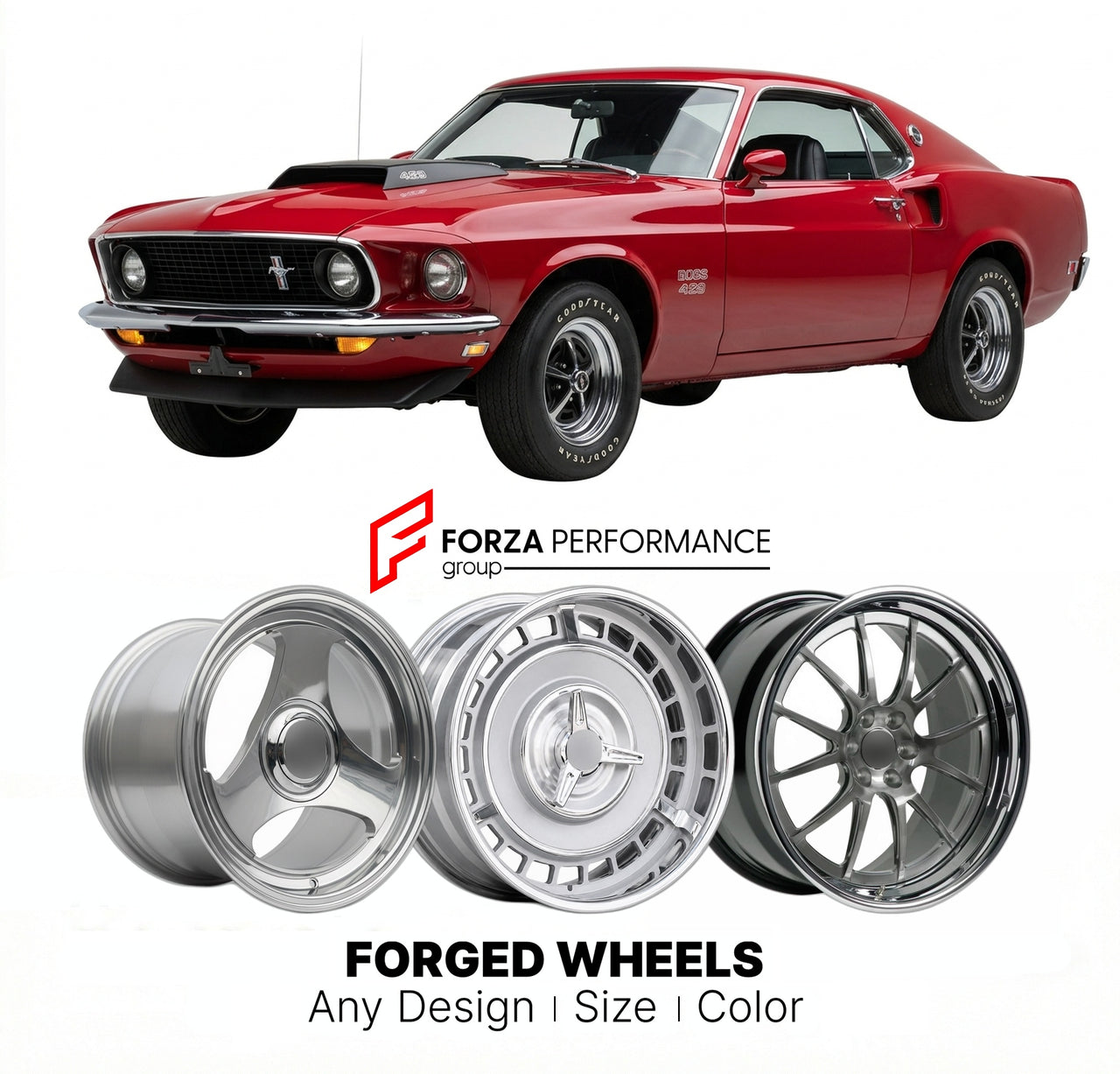 CUSTOM CLASSIC VINTAGE RESTOMOD RETRO OLD SCHOOL FORGED WHEELS RIMS for FORD MUSTANG BOSS 429 1969 - 1970
Custom forged wheels for classic American muscle cars. Ideal for restomod builds, vintage restorations, and show cars. Deep dish and retro styling available.

We manufacture premium quality forged wheels rims for Ford Mustang Boss 429 1969 - 1970 in any design, size, color.

THIS WHEEL DESIGN CAN BE CUSTOM-MADE FOR YOUR CAR IN ANY SIZE AND COLOR OPTIONS
Available in monoblock, 2-piece, 3-piece, duoblock