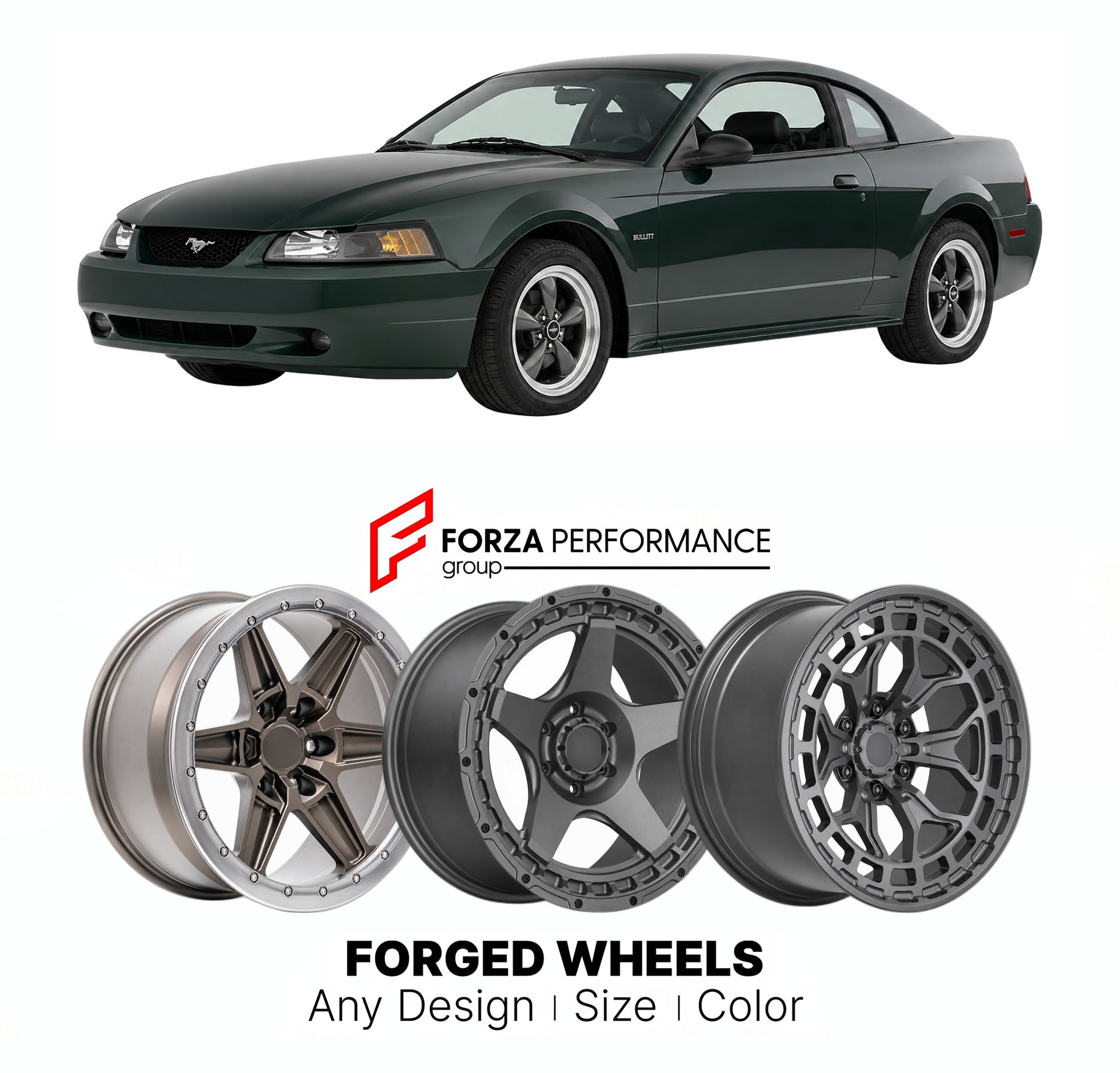 FORGED WHEELS RIMS for FORD MUSTANG BULLITT NEW EDGE 1999 - 2004

Custom forged wheels for Ford Mustang Bullitt New Edge 1999 - 2004. Made-to-order monoblock, 2-piece and 3-piece rims in custom sizes, offsets, colors and finishes with guaranteed fitment.

We manufacture premium quality forged wheels rims for Ford Mustang Bullitt New Edge 1999 - 2004 in any design, size, color.

THIS WHEEL DESIGN CAN BE CUSTOM-MADE FOR YOUR CAR IN ANY SIZE AND COLOR OPTIONS
Available in monoblock, 2-piece, 3-piece, duoblock,