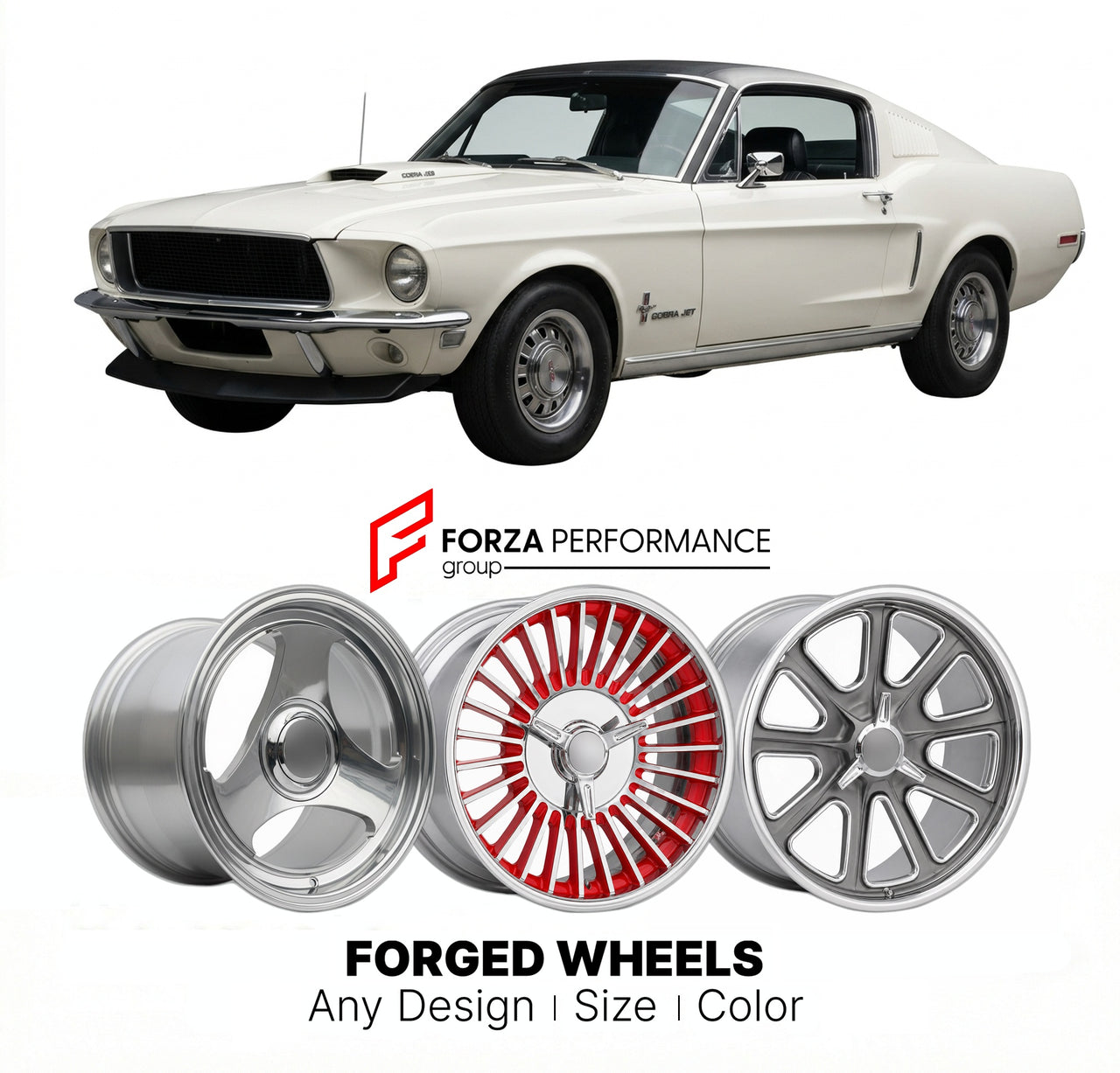 CUSTOM CLASSIC VINTAGE RESTOMOD RETRO OLD SCHOOL FORGED WHEELS RIMS for FORD MUSTANG COBRA JET 1968 - 1971
Custom forged wheels for classic American muscle cars. Ideal for restomod builds, vintage restorations, and show cars. Deep dish and retro styling available.

We manufacture premium quality forged wheels rims for Ford Mustang Cobra Jet 1968 - 1971 in any design, size, color.

THIS WHEEL DESIGN CAN BE CUSTOM-MADE FOR YOUR CAR IN ANY SIZE AND COLOR OPTIONS
Available in monoblock, 2-piece, 3-piece, duoblo