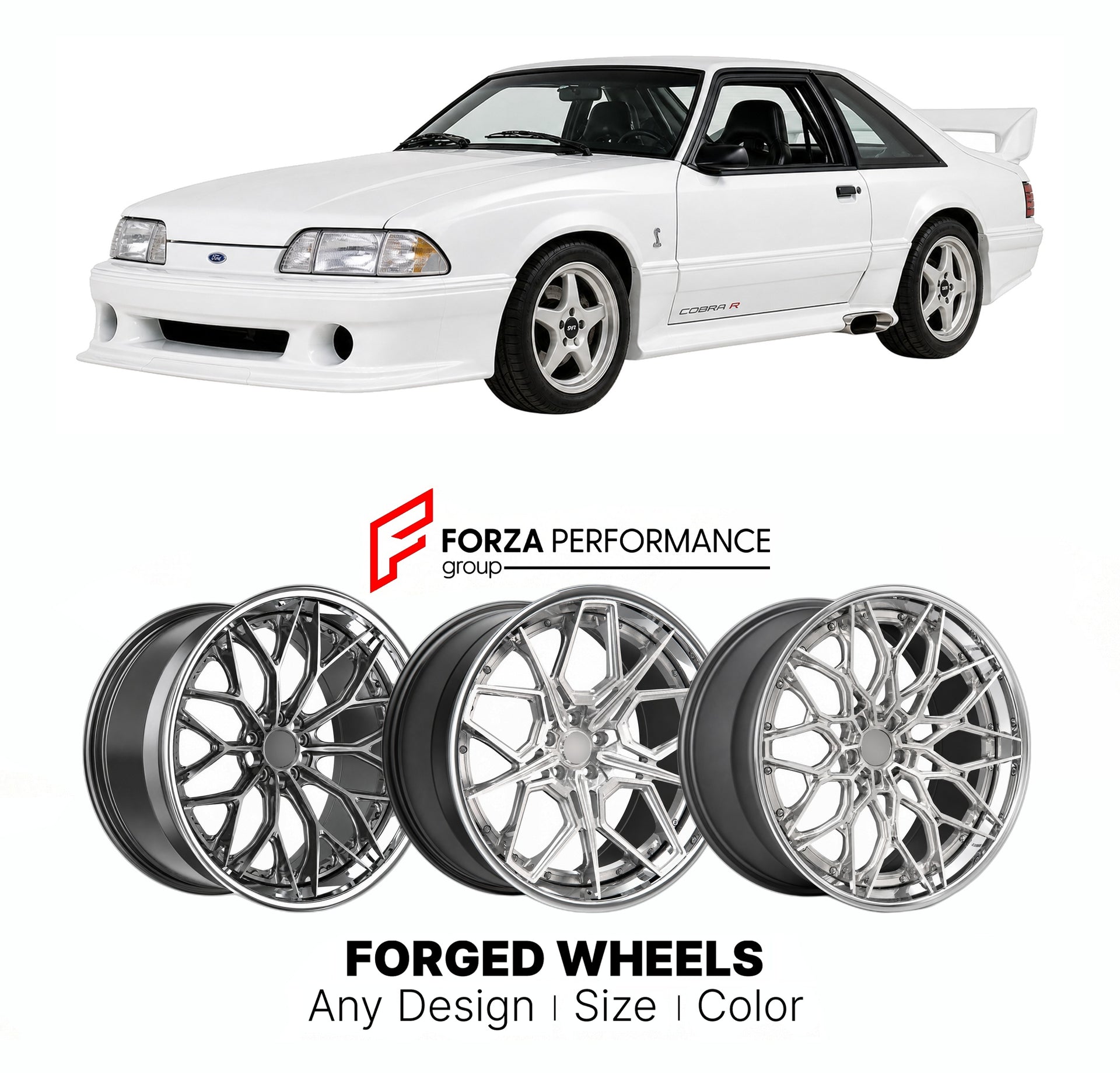 FORGED WHEELS RIMS for FORD MUSTANG COBRA R LIMITED SVT VARIANTS 1993 - 2000

Custom forged wheels for Ford Mustang Cobra R Limited SVT Variants 1993 - 2000. Made-to-order monoblock, 2-piece and 3-piece rims in custom sizes, offsets, colors and finishes with guaranteed fitment.

We manufacture premium quality forged wheels rims for Ford Mustang Cobra R Limited SVT Variants 1993 - 2000 in any design, size, color.

THIS WHEEL DESIGN CAN BE CUSTOM-MADE FOR YOUR CAR IN ANY SIZE AND COLOR OPTIONS
Available in mo