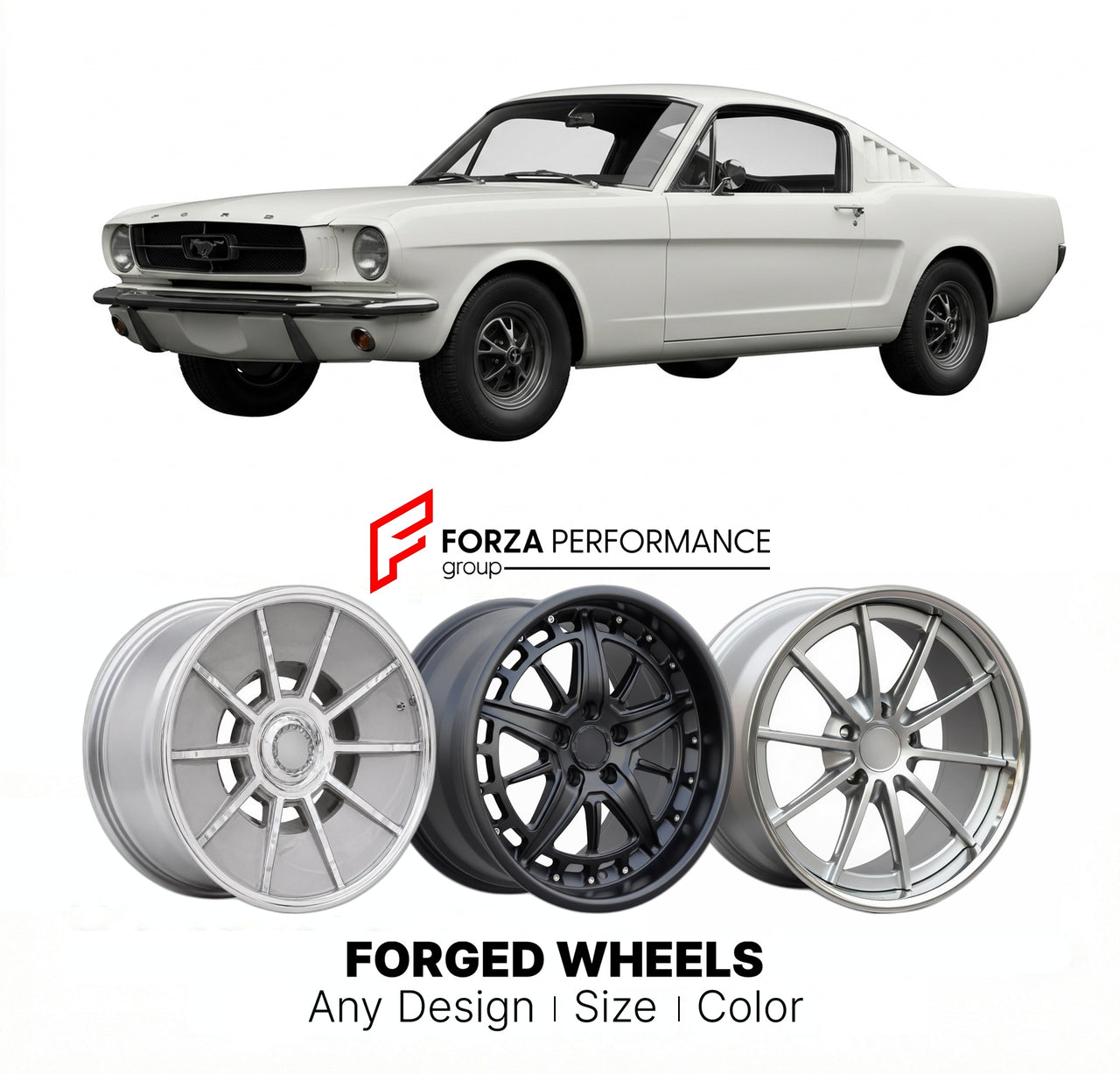 CUSTOM CLASSIC VINTAGE RESTOMOD RETRO OLD SCHOOL FORGED WHEELS RIMS for FORD MUSTANG FASTBACK 1965 - 1973
Custom forged wheels for classic American muscle cars. Ideal for restomod builds, vintage restorations, and show cars. Deep dish and retro styling available.

We manufacture premium quality forged wheels rims for Ford Mustang Fastback 1965 - 1973 in any design, size, color.

THIS WHEEL DESIGN CAN BE CUSTOM-MADE FOR YOUR CAR IN ANY SIZE AND COLOR OPTIONS
Available in monoblock, 2-piece, 3-piece, duoblock