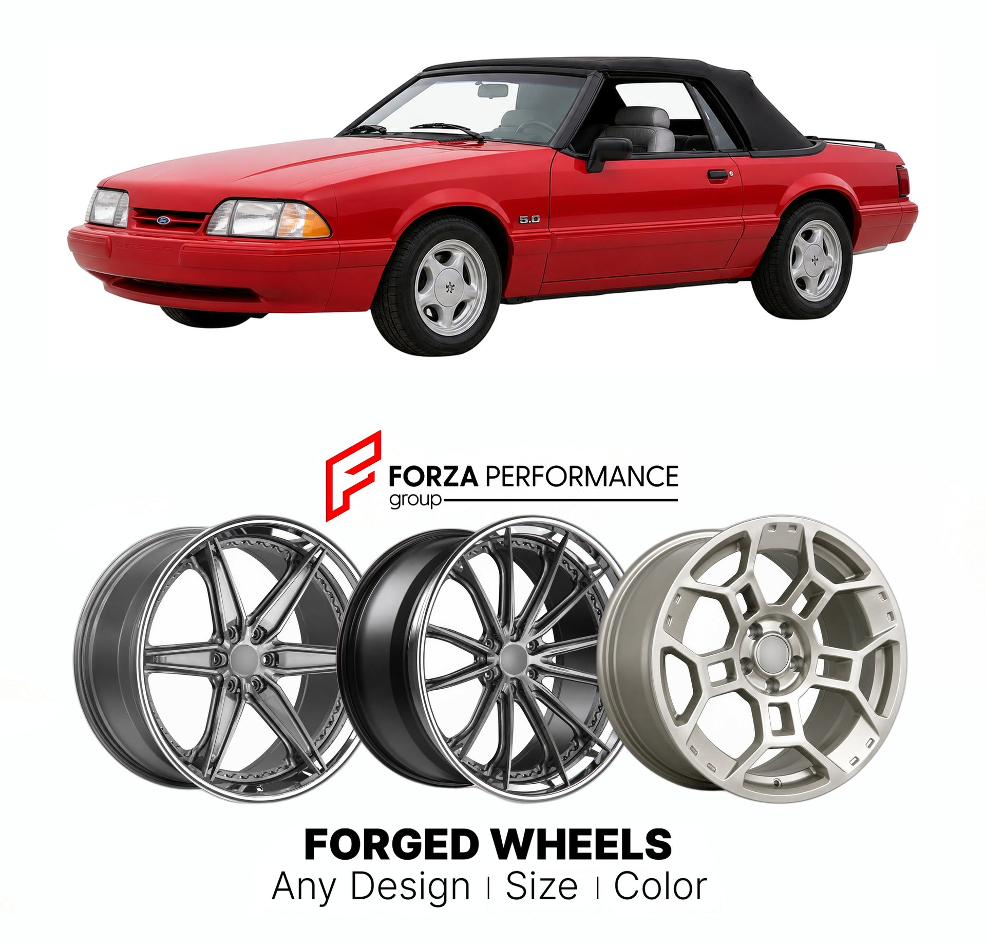 FORGED WHEELS RIMS for FORD MUSTANG FEATURE CAR CONVERTIBLE FOX BODY 1990 - 1993

Custom forged wheels for Ford Mustang Feature Car Convertible Fox Body 1990 - 1993. Made-to-order monoblock, 2-piece and 3-piece rims in custom sizes, offsets, colors and finishes with guaranteed fitment.

We manufacture premium quality forged wheels rims for Ford Mustang Feature Car Convertible Fox Body 1990 - 1993 in any design, size, color.

THIS WHEEL DESIGN CAN BE CUSTOM-MADE FOR YOUR CAR IN ANY SIZE AND COLOR OPTIONS
Ava
