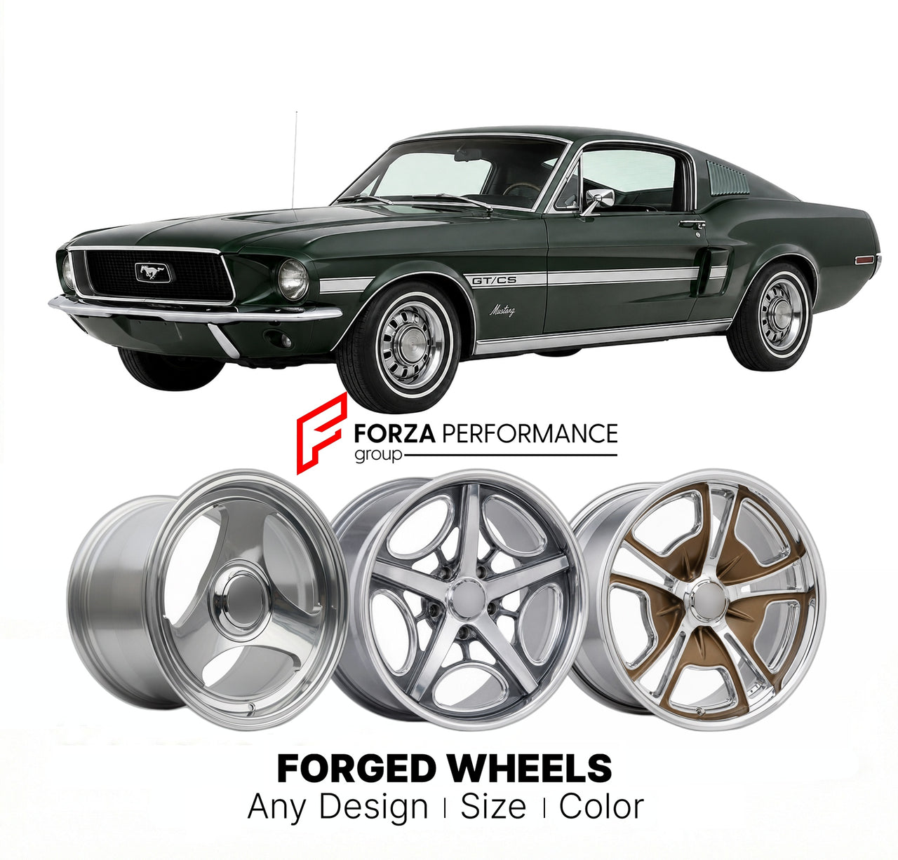 CUSTOM CLASSIC VINTAGE RESTOMOD RETRO OLD SCHOOL FORGED WHEELS RIMS for FORD MUSTANG GT/CS 1968 - 1968
Custom forged wheels for classic American muscle cars. Ideal for restomod builds, vintage restorations, and show cars. Deep dish and retro styling available.

We manufacture premium quality forged wheels rims for Ford Mustang GT/CS 1968 - 1968 in any design, size, color.

THIS WHEEL DESIGN CAN BE CUSTOM-MADE FOR YOUR CAR IN ANY SIZE AND COLOR OPTIONS
Available in monoblock, 2-piece, 3-piece, duoblock, bead