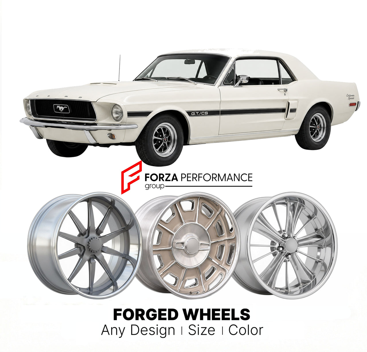 CUSTOM CLASSIC VINTAGE RESTOMOD RETRO OLD SCHOOL FORGED WHEELS RIMS for FORD MUSTANG GT/CS CALIFORNIA SPECIAL 1968 - 1968
Custom forged wheels for classic American muscle cars. Ideal for restomod builds, vintage restorations, and show cars. Deep dish and retro styling available.

We manufacture premium quality forged wheels rims for Ford Mustang GT/CS California Special 1968 - 1968 in any design, size, color.

THIS WHEEL DESIGN CAN BE CUSTOM-MADE FOR YOUR CAR IN ANY SIZE AND COLOR OPTIONS
Available in monob
