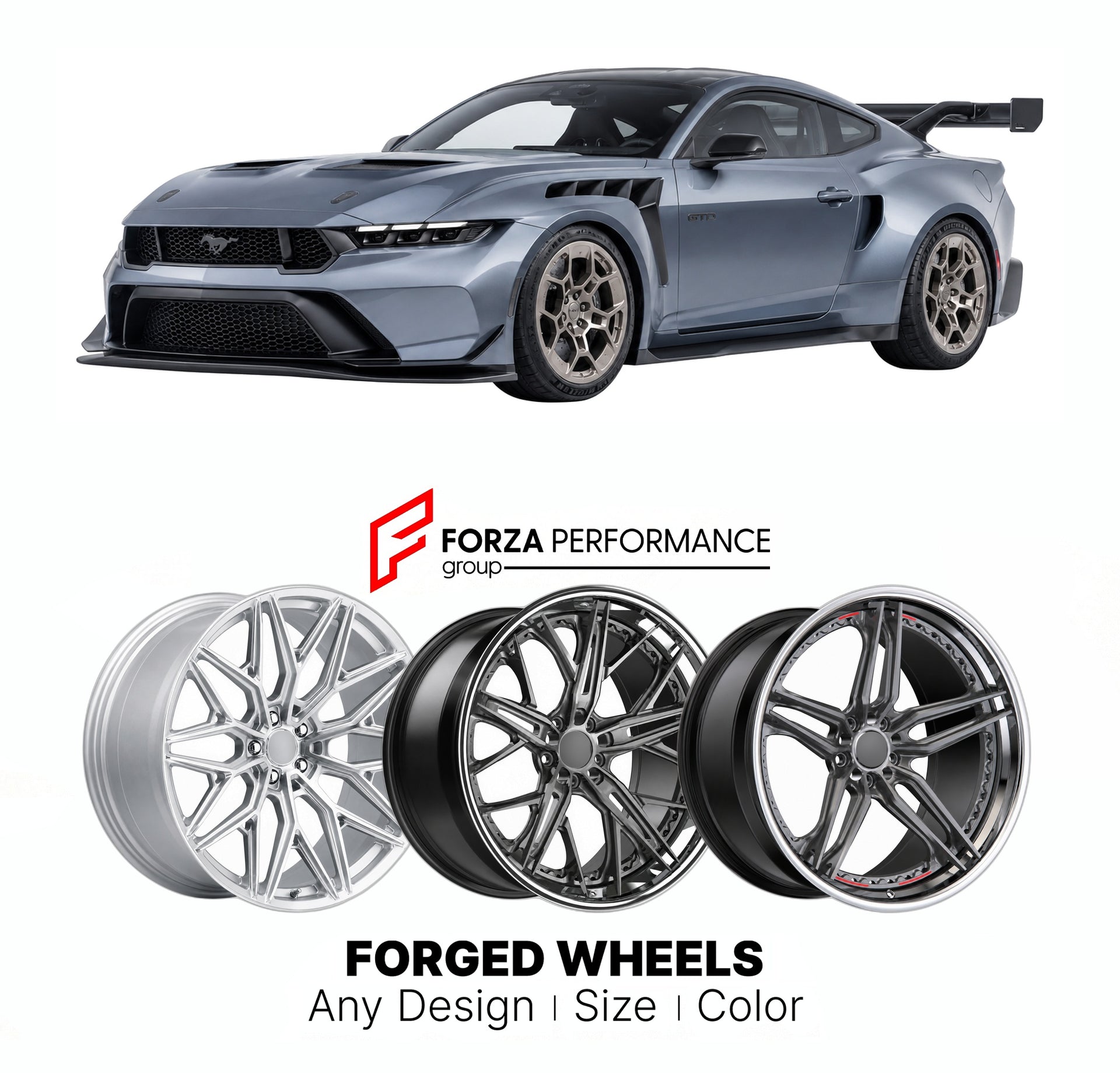 FORGED WHEELS RIMS for FORD MUSTANG GTD S650 2024+

Custom forged wheels for Ford Mustang GTD S650 2024+. Made-to-order monoblock, 2-piece and 3-piece rims in custom sizes, offsets, colors and finishes with guaranteed fitment.

We manufacture premium quality forged wheels rims for Ford Mustang GTD S650 2024+ in any design, size, color.

THIS WHEEL DESIGN CAN BE CUSTOM-MADE FOR YOUR CAR IN ANY SIZE AND COLOR OPTIONS
Available in monoblock, 2-piece, 3-piece, duoblock, beadlock
3D wheel renderings are provided