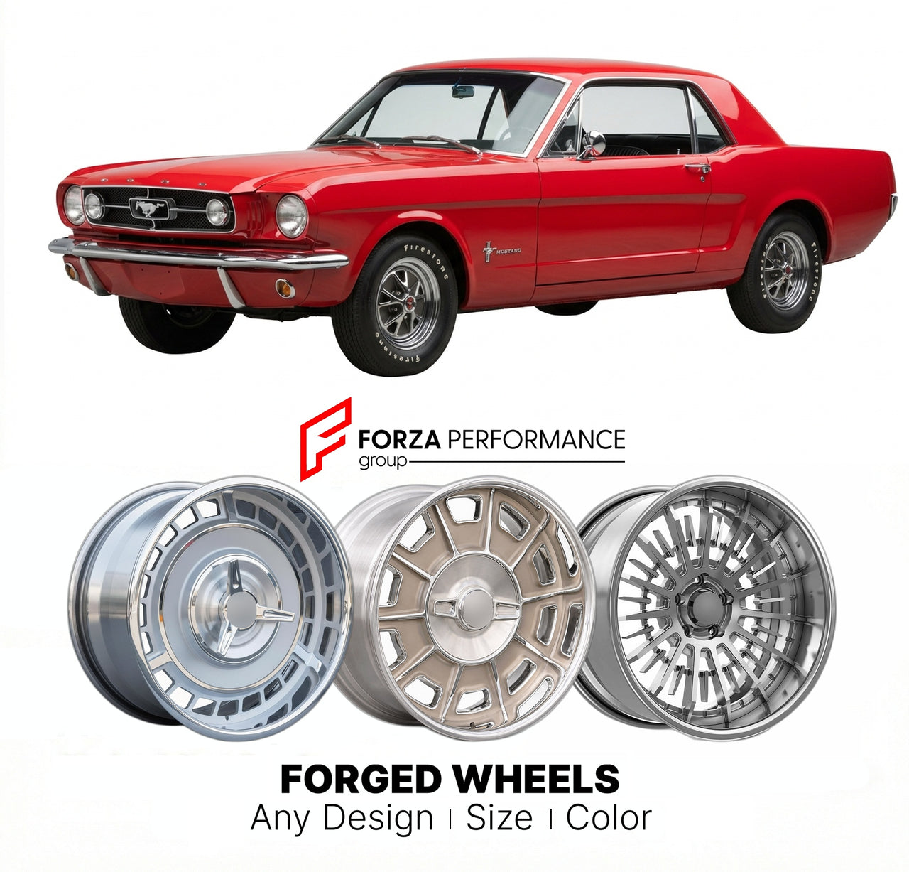 CUSTOM CLASSIC VINTAGE RESTOMOD RETRO OLD SCHOOL FORGED WHEELS RIMS for FORD MUSTANG GT 1965 - 1973
Custom forged wheels for classic American muscle cars. Ideal for restomod builds, vintage restorations, and show cars. Deep dish and retro styling available.

We manufacture premium quality forged wheels rims for Ford Mustang GT 1965 - 1973 in any design, size, color.

THIS WHEEL DESIGN CAN BE CUSTOM-MADE FOR YOUR CAR IN ANY SIZE AND COLOR OPTIONS
Available in monoblock, 2-piece, 3-piece, duoblock, beadlock
3