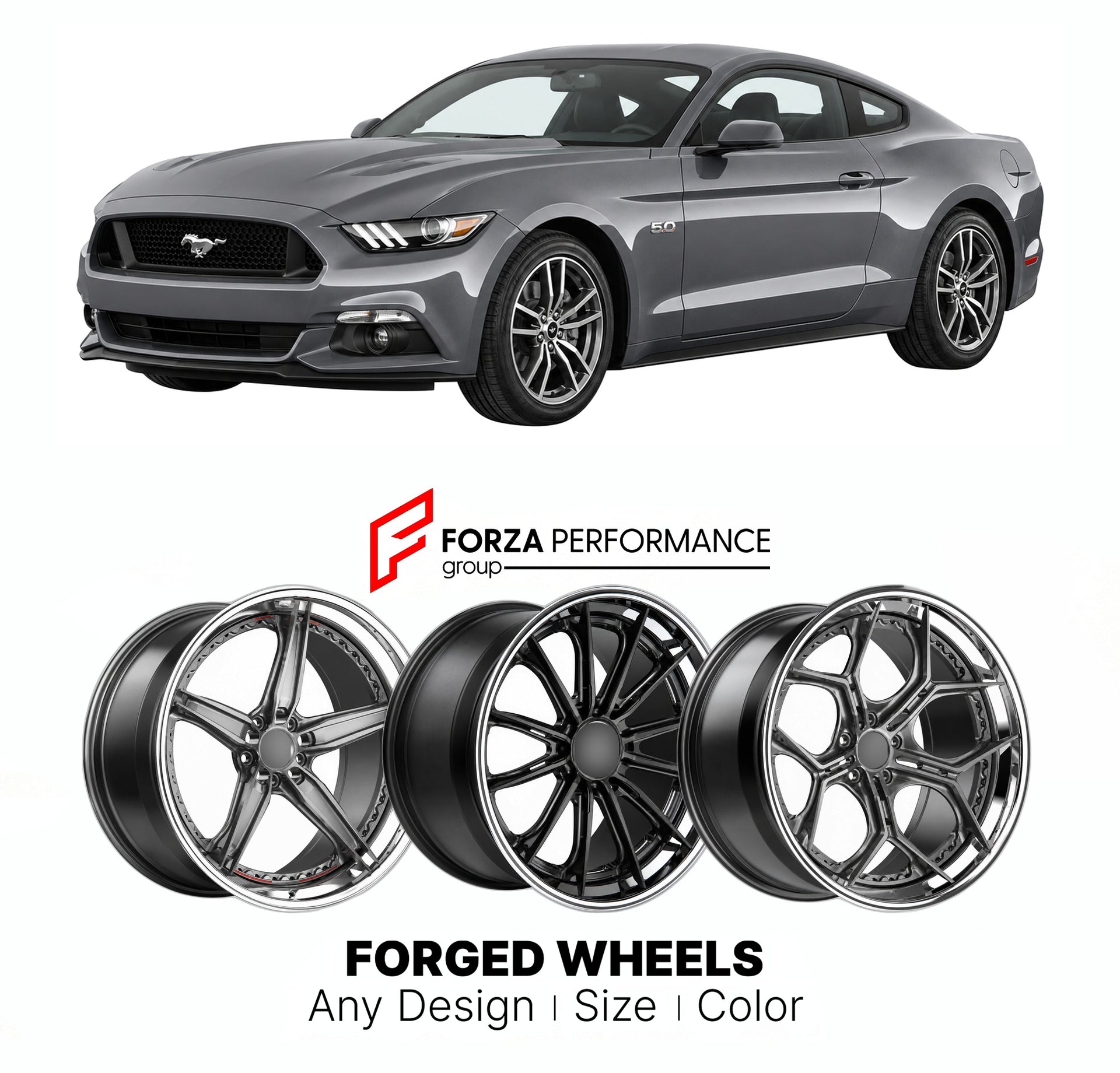 FORGED WHEELS RIMS for FORD MUSTANG GT S550 2015 - 2023

Custom forged wheels for Ford Mustang GT S550 2015 - 2023. Made-to-order monoblock, 2-piece and 3-piece rims in custom sizes, offsets, colors and finishes with guaranteed fitment.

We manufacture premium quality forged wheels rims for Ford Mustang GT S550 2015 - 2023 in any design, size, color.

THIS WHEEL DESIGN CAN BE CUSTOM-MADE FOR YOUR CAR IN ANY SIZE AND COLOR OPTIONS
Available in monoblock, 2-piece, 3-piece, duoblock, beadlock
3D wheel renderin