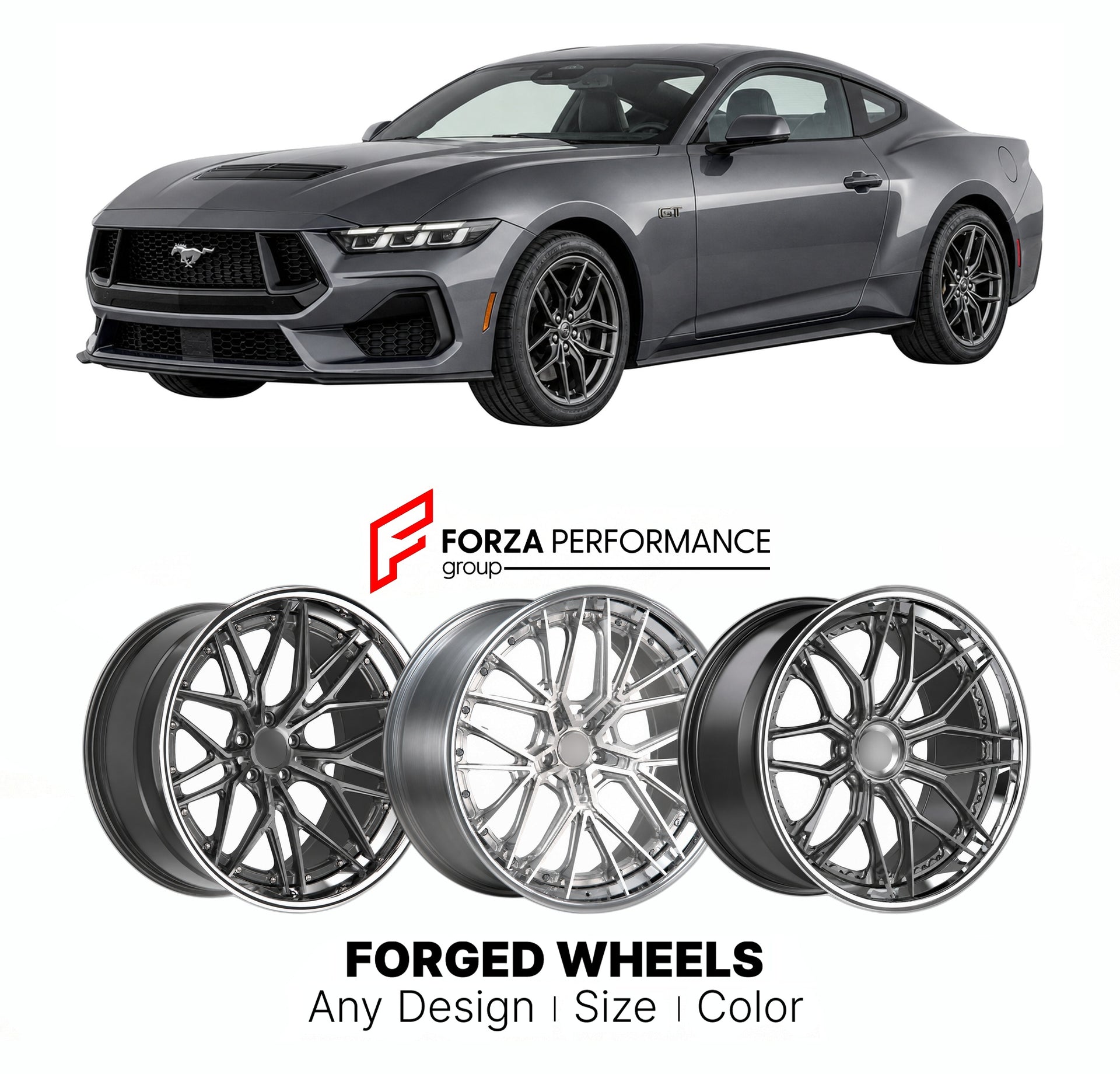 FORGED WHEELS RIMS for FORD MUSTANG GT S650 2024+

Custom forged wheels for Ford Mustang GT S650 2024+. Made-to-order monoblock, 2-piece and 3-piece rims in custom sizes, offsets, colors and finishes with guaranteed fitment.

We manufacture premium quality forged wheels rims for Ford Mustang GT S650 2024+ in any design, size, color.

THIS WHEEL DESIGN CAN BE CUSTOM-MADE FOR YOUR CAR IN ANY SIZE AND COLOR OPTIONS
Available in monoblock, 2-piece, 3-piece, duoblock, beadlock
3D wheel renderings are provided ac