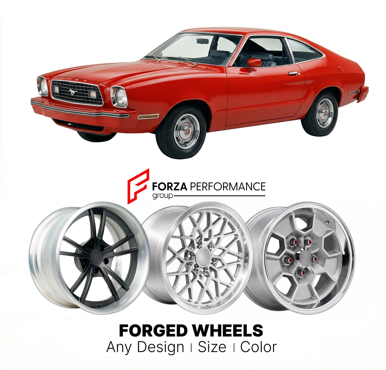 CUSTOM CLASSIC VINTAGE RESTOMOD RETRO OLD SCHOOL FORGED WHEELS RIMS for FORD MUSTANG II 1974 - 1978
Custom forged wheels for classic American muscle cars. Ideal for restomod builds, vintage restorations, and show cars. Deep dish and retro styling available.

We manufacture premium quality forged wheels rims for Ford Mustang II 1974 - 1978 in any design, size, color.

THIS WHEEL DESIGN CAN BE CUSTOM-MADE FOR YOUR CAR IN ANY SIZE AND COLOR OPTIONS
Available in monoblock, 2-piece, 3-piece, duoblock, beadlock
3