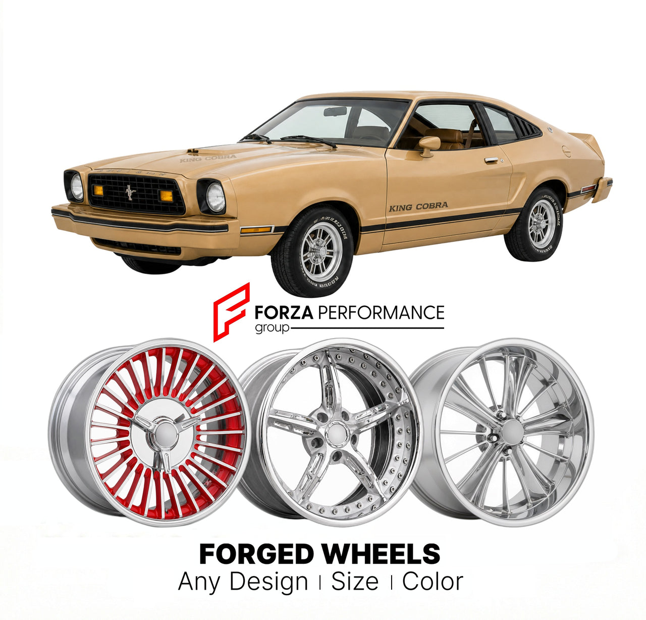 CUSTOM CLASSIC VINTAGE RESTOMOD RETRO OLD SCHOOL FORGED WHEELS RIMS for FORD MUSTANG II KING COBRA 1978 - 1978
Custom forged wheels for classic American muscle cars. Ideal for restomod builds, vintage restorations, and show cars. Deep dish and retro styling available.

We manufacture premium quality forged wheels rims for Ford Mustang II King Cobra 1978 - 1978 in any design, size, color.

THIS WHEEL DESIGN CAN BE CUSTOM-MADE FOR YOUR CAR IN ANY SIZE AND COLOR OPTIONS
Available in monoblock, 2-piece, 3-piece